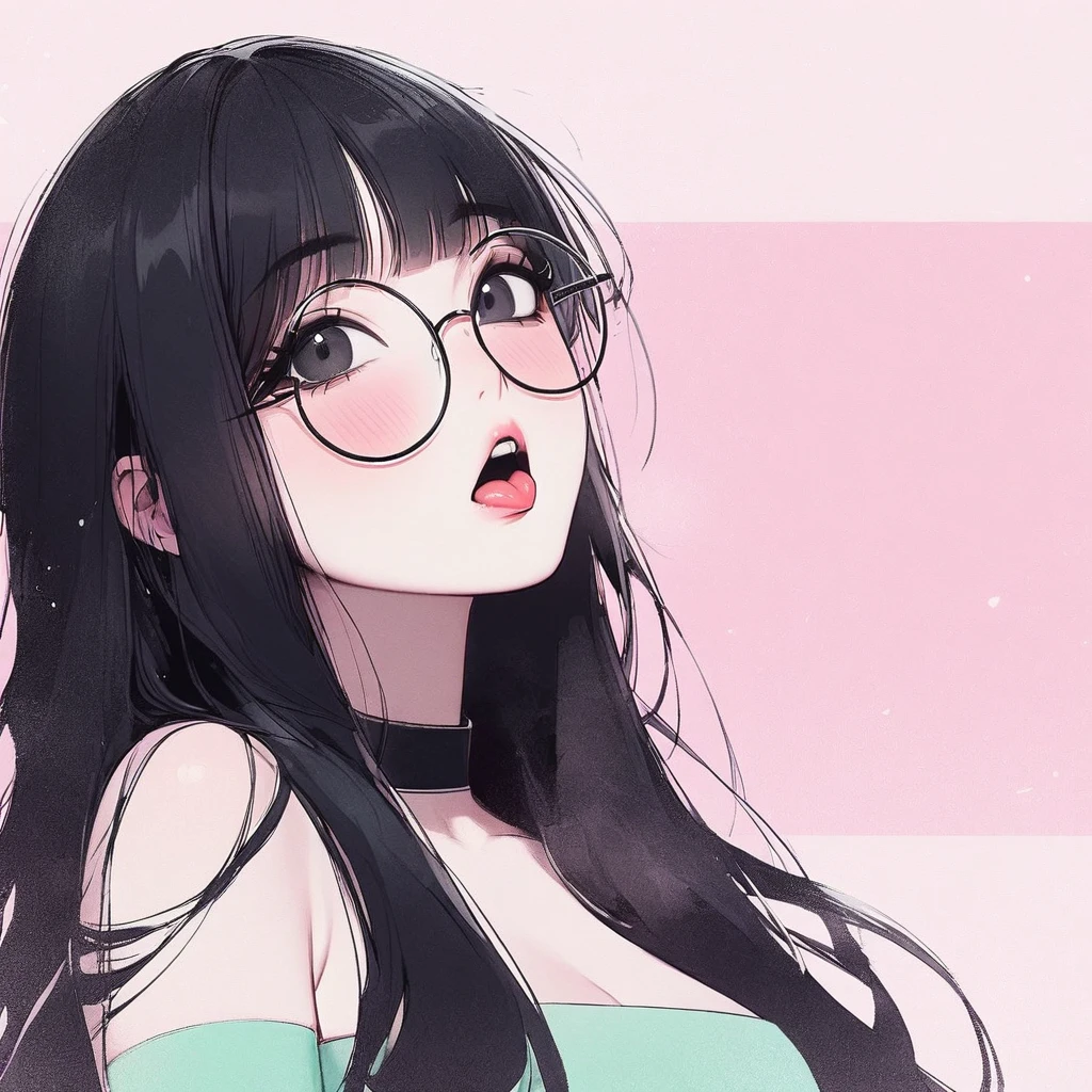 Girl, black hair, black eyes, beautiful, strapless mint dress, pastel colors, face close-up, flat, lipgloss, brat, big round glasses, korean, wide mouth, submissive, straight bangs, looking up, pink cheeks, tongue, Chinese, japanese