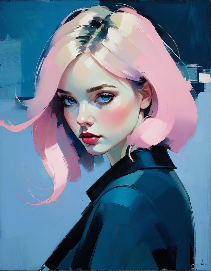 Create a contemporary portrait of a person in the expressive and painterly style of Malcolm Liepke, utilizing a palette of light pink, muted blue, dark grayish blue, bright blue, very dark gray, and light grayish blue. The portrait should feature a close-up of the subject's face with strong, dynamic brushstrokes and a focus on capturing the depth and texture characteristic of Liepke's work. Use light pink and bright blue for the highlights and vibrant areas, while employing muted blue, dark grayish blue, very dark gray, and light grayish blue to create shadows and depth. Ensure the background complements the portrait with subtle variations of the same color palette, evoking a sense of modern elegance and emotional intensity
