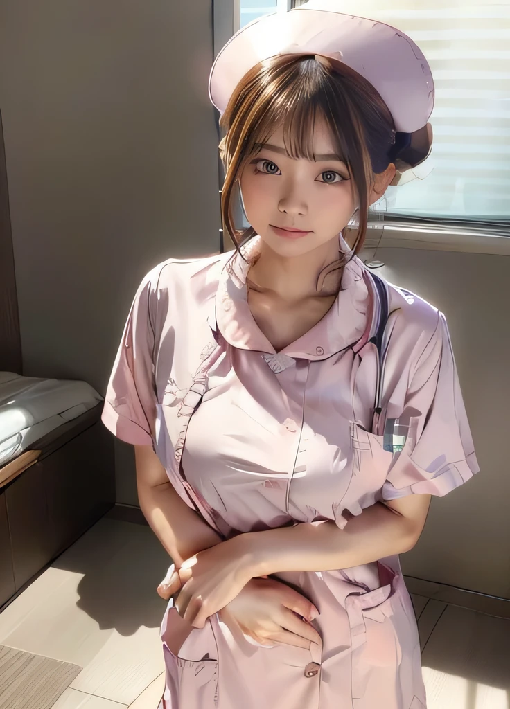 A stunning Japanese teen idol, 18 years old and effortlessly cute, poses in an ultra-HD, real-skin hyper-realisti1.7), Her features include a large chest, droopy eyes, shining eyes, faint lips, and a low ponytail with asymmetrical bangs.
The image is bathed in natural light during the daytime, with professional lighting accentuating her glowing skin. The focus is on her whole body, showcasing perfect anatomy and correct limbs. A subtle smile adds to her charm as she strikes a pose, her super-miniskirt visible beneath her skirt. This NSFW image captures her youthful beauty in stunning detail.,NSFW,hospital,medical equipment,front lighting:1.1,((((pink nurse uniform:1.2))))