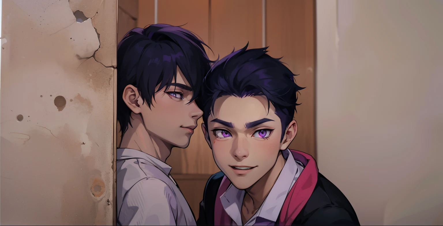 (estilo anime 2d plano)cute boy speaks evil with hate with a mischievous smile malevolent irony purple hair purple eyes aura of evil he is dangerous murderer