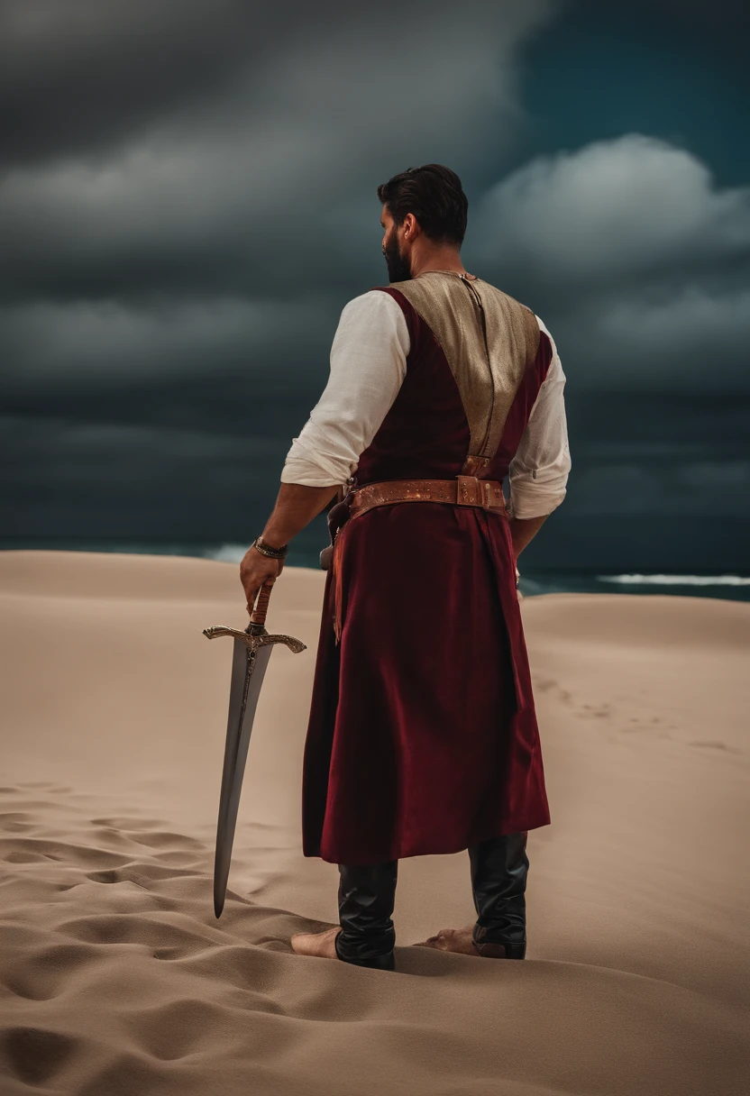 homem, ruivo com espada nas costa