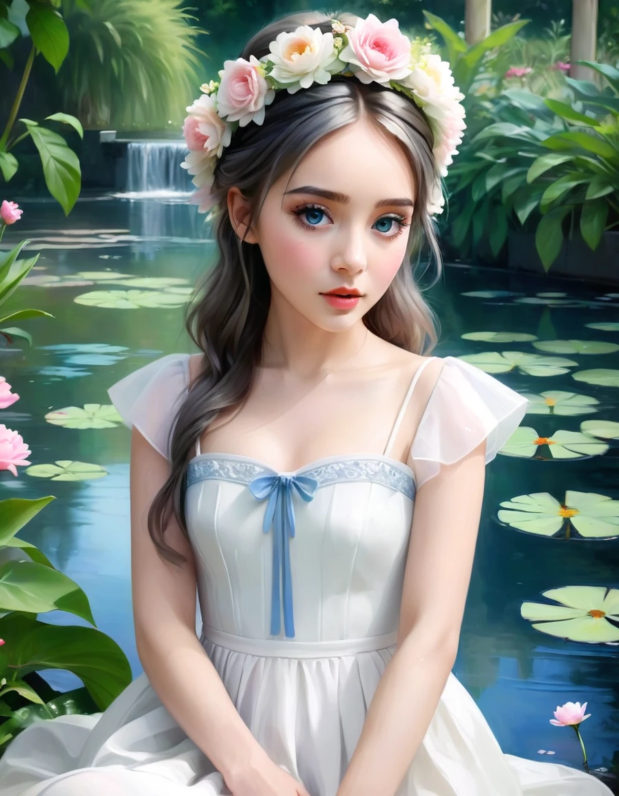 a beautiful young girl in a serene garden, detailed eyes, detailed lips, extremely detailed face and features, long eyelashes, intricate flower crown, flowing white dress, sitting by a pond, soft natural lighting, impressionistic style, muted pastel color palette, light pink, muted blue, dark grayish blue, bright blue, very dark gray, light grayish blue, masterpiece, best quality, 8k, hyper realistic, photorealistic