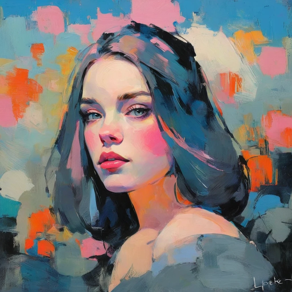 Create a contemporary portrait of a person in the expressive and painterly style of Malcolm Liepke, utilizing a palette of light pink, muted blue, dark grayish blue, bright blue, very dark gray, and light grayish blue. The portrait should feature a close-up of the subject's face with strong, dynamic brushstrokes and a focus on capturing the depth and texture characteristic of Liepke's work. Use light pink and bright blue for the highlights and vibrant areas, while employing muted blue, dark grayish blue, very dark gray, and light grayish blue to create shadows and depth. Ensure the background complements the portrait with subtle variations of the same color palette, evoking a sense of modern elegance and emotional intensity