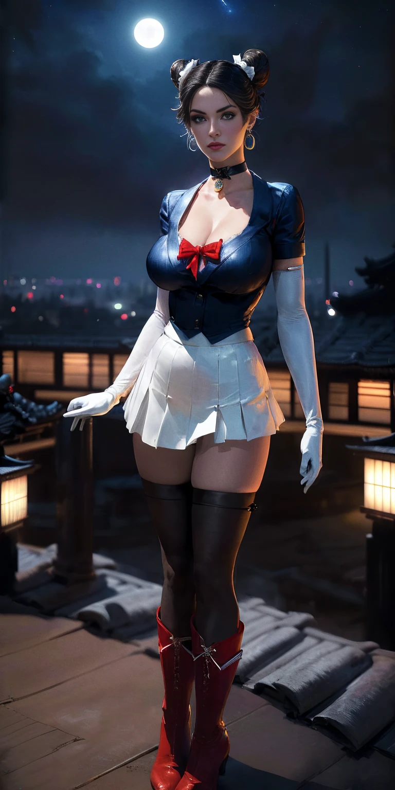 (masterpiece, best quality, ultra detailed, absurdness)1.5, 1girl (sexy, beautiful woman, perfect face, perfect eyes, perfect female body, huge breasts)1.5 (usagi, double bun, twin tails, parted bangs, circlet, jewelry, earrings, choker, red bow, white gloves, elbow gloves, blue skirt, red boots with white trim) (standing on a rooftop, Japanese city in background, night sky, moonlit), perfect lighting, smooth, hud, fionafrostlora (RAW photo, best quality) (realistic, photo-realistic:1.4) black hair