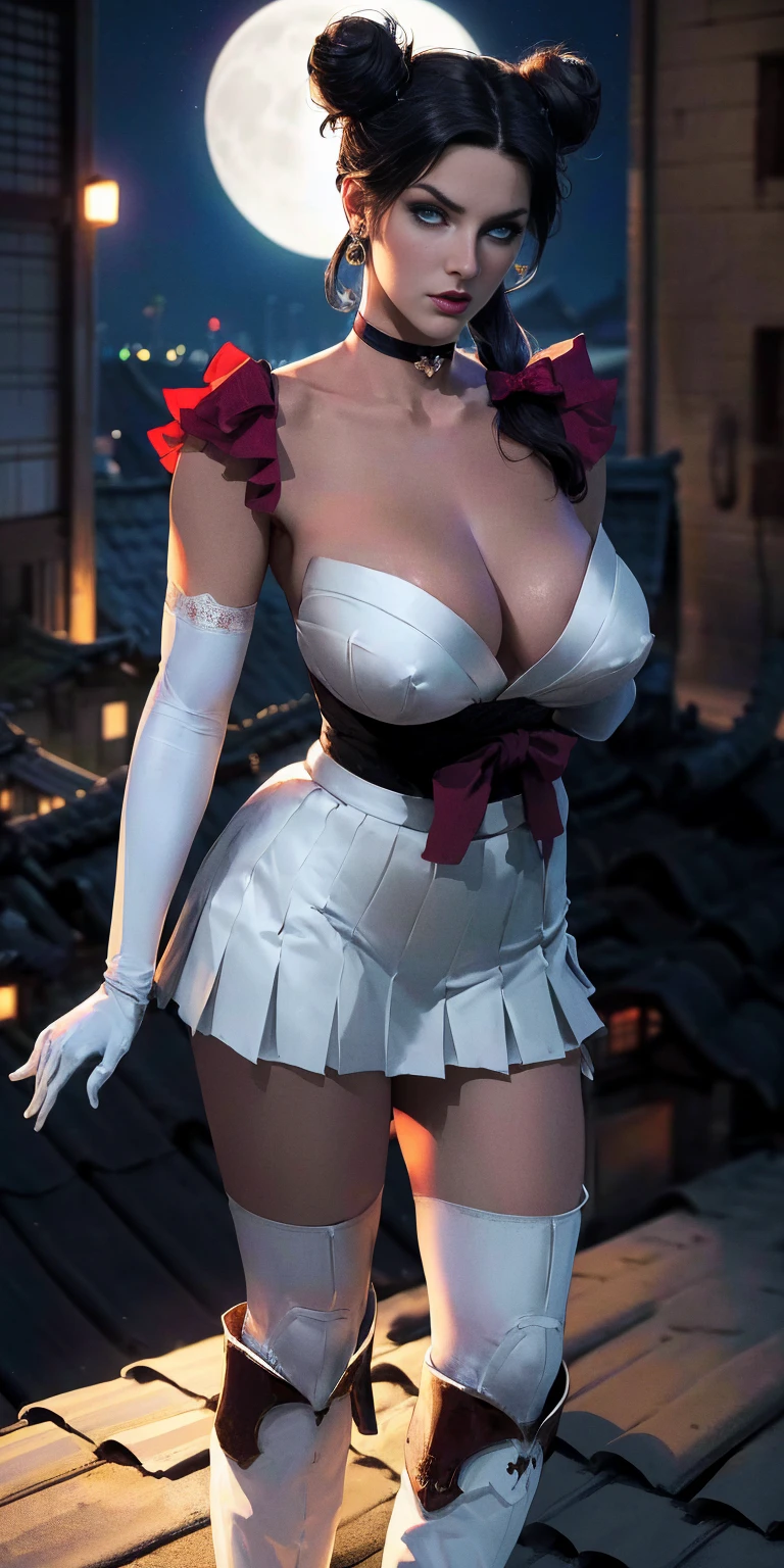 (masterpiece, best quality, ultra detailed, absurdness)1.5, 1girl (sexy, beautiful woman, perfect face, perfect eyes, perfect female body, huge breasts)1.5 (usagi, double bun, twin tails, parted bangs, circlet, jewelry, earrings, choker, red bow, white gloves, elbow gloves, blue skirt, red boots with white trim) (standing on a rooftop, Japanese city in background, night sky, moonlit), perfect lighting, smooth, hud, fionafrostlora (RAW photo, best quality) (realistic, photo-realistic:1.4) black hair
