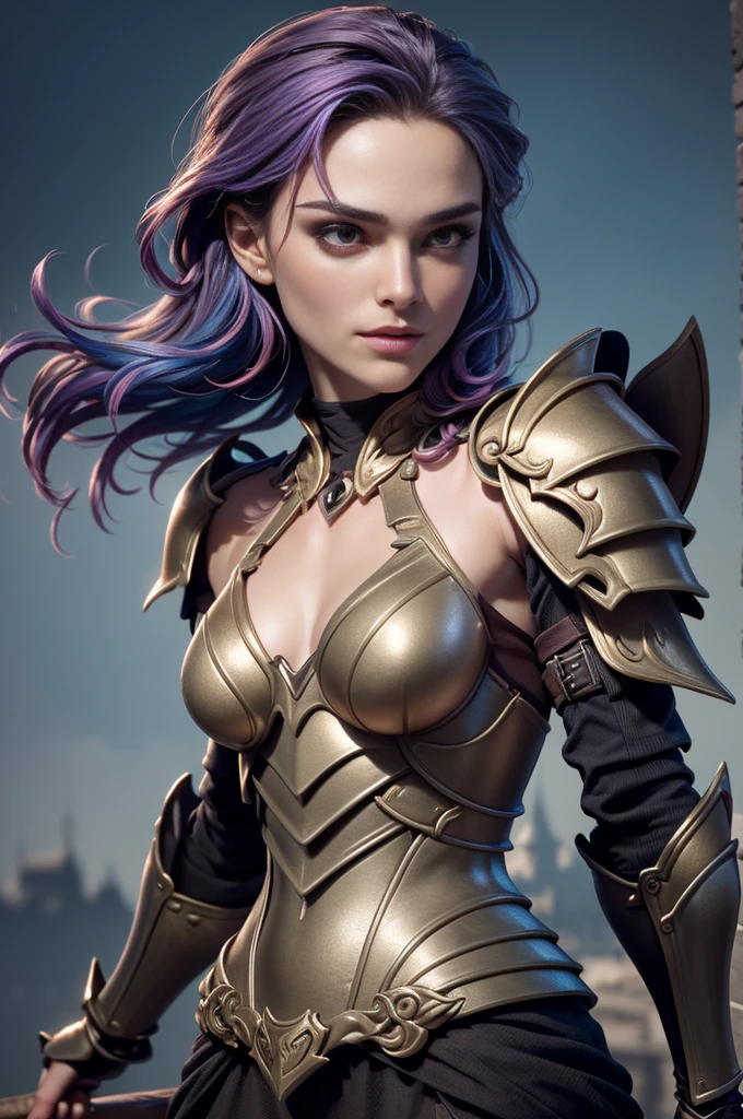 celebrity photo, brut, belle femme, ((portrait)), ((detailed face, colorful rainbow hair:1.2)), ((detailed facial feature, detailed skin, peau propre, parted lips), (corps parfaitement proportionné, seins moyens, clivage), (portant une élégante armure dorée, full armor: 1.5)), (high detailed castle: 1.3), (Realistic photo, Best quality, detailed), (Fond d'écran 8K), (Cinematic lighting, Dramatic lighting) (Sharpness, Complexe), topless