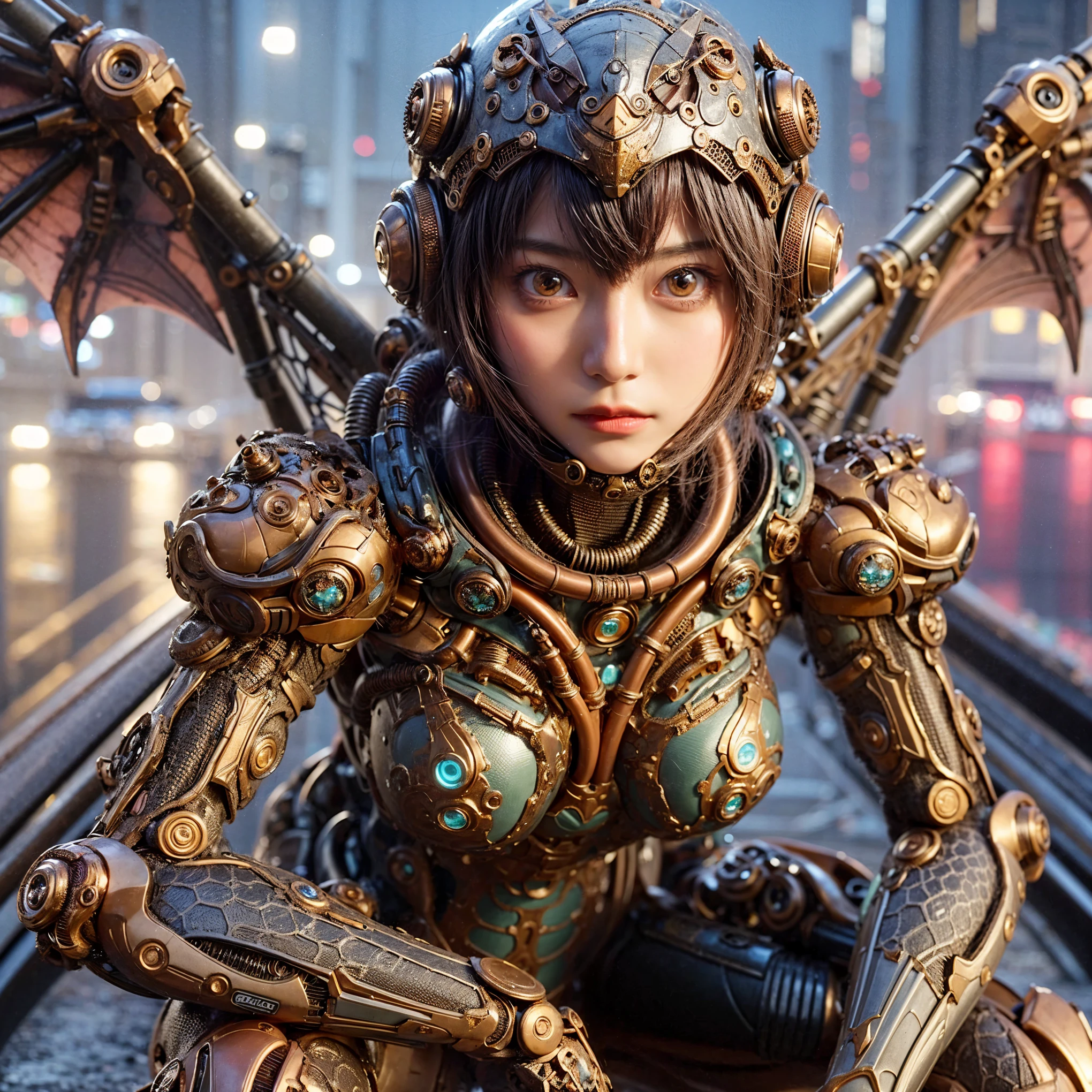 Masterpiece, (best quality:1.2), 8k, Japanese woman in bat-type bio suit, silver base with bronze and gold accent, (ultimately cute face), (mechanical bat wings), hydraulic cylinder, power pipe, muscle fiber, ultimately intricate details, full body shot, (ultimately photo Realistic:1.37), dystopia with a beautiful view at night, (biological weapon), (biopunk:1.3), Full body photo, Wide-angle, Please generate at least 4 photos.