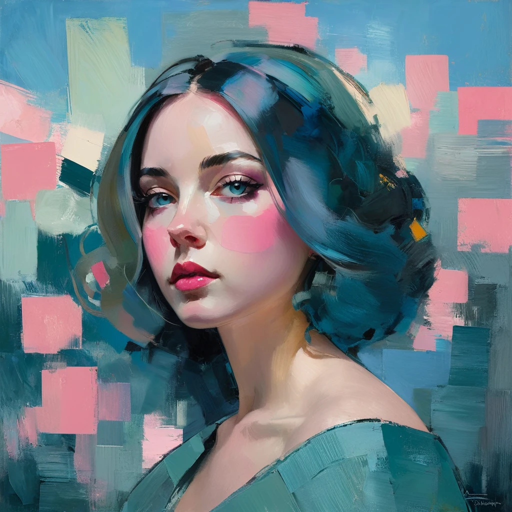 Create a contemporary portrait of a person in the expressive and painterly style of Malcolm Liepke, utilizing a palette of light pink, muted blue, dark grayish blue, bright blue, very dark gray, and light grayish blue. The portrait should feature a close-up of the subject's face with strong, dynamic brushstrokes and a focus on capturing the depth and texture characteristic of Liepke's work. Use light pink and bright blue for the highlights and vibrant areas, while employing muted blue, dark grayish blue, very dark gray, and light grayish blue to create shadows and depth. Ensure the background complements the portrait with subtle variations of the same color palette, evoking a sense of modern elegance and emotional intensity