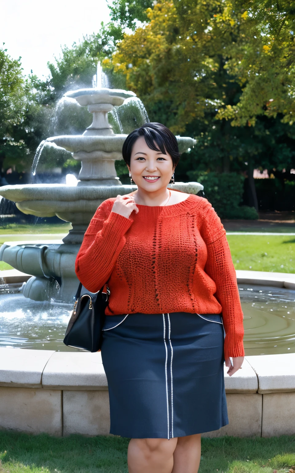 A woman standing in front of a fountain in the park waiting for me..She has her hands behind her back and is holding a handbag, A woman wearing a brightly colored knitted sweater and skirt, Natural wrinkles. Wrinkles around the eyes, highest quality, mature and plump body, 55 years old, A charming smile, Chubby women, lure.View Viewer, Black Hair,Perfect Fingers, Photo from the waist up
