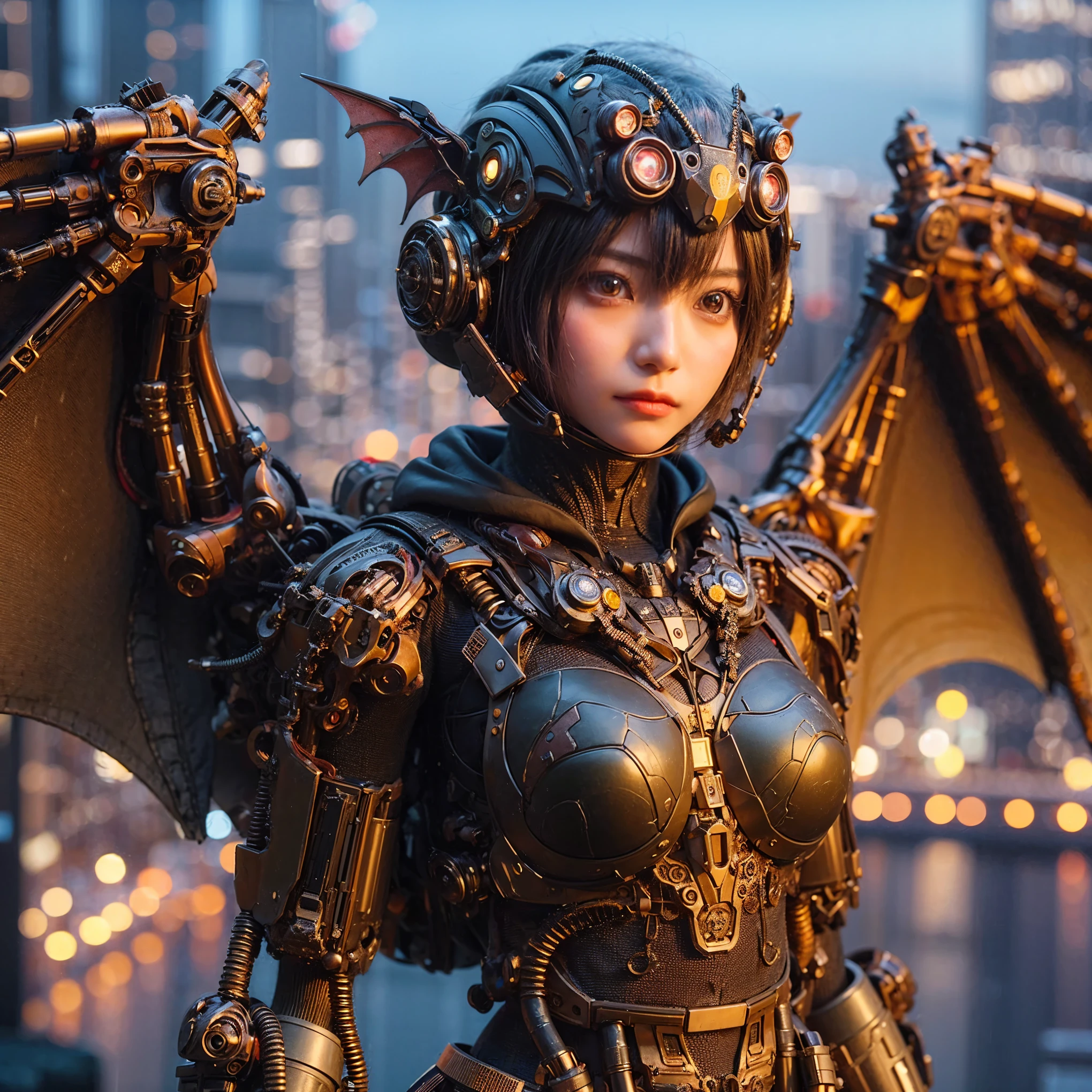 Masterpiece, (best quality:1.2), 8k, Japanese woman in bat-type bio suit, silver base with bronze and gold accent, (ultimately cute face), (mechanical bat wings), hydraulic cylinder, power pipe, muscle fiber, ultimately intricate details, full body shot, (ultimately photo Realistic:1.37), dystopia with a beautiful view at night, (biological weapon), (biopunk:1.3), Full body photo, Wide-angle, Please generate at least 4 photos.