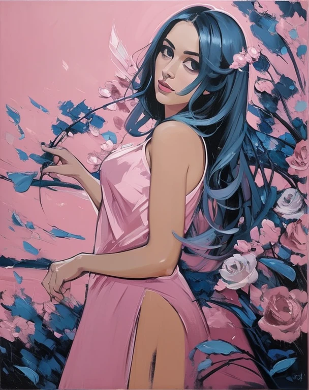 Create a contemporary portrait of a person in the expressive and painterly style of Malcolm Liepke, utilizing a palette of light pink, muted blue, dark grayish blue, bright blue, very dark gray, and light grayish blue. The portrait should feature a close-up of the subject's face with strong, dynamic brushstrokes and a focus on capturing the depth and texture characteristic of Liepke's work. Use light pink and bright blue for the highlights and vibrant areas, while employing muted blue, dark grayish blue, very dark gray, and light grayish blue to create shadows and depth. Ensure the background complements the portrait with subtle variations of the same color palette, evoking a sense of modern elegance and emotional intensity