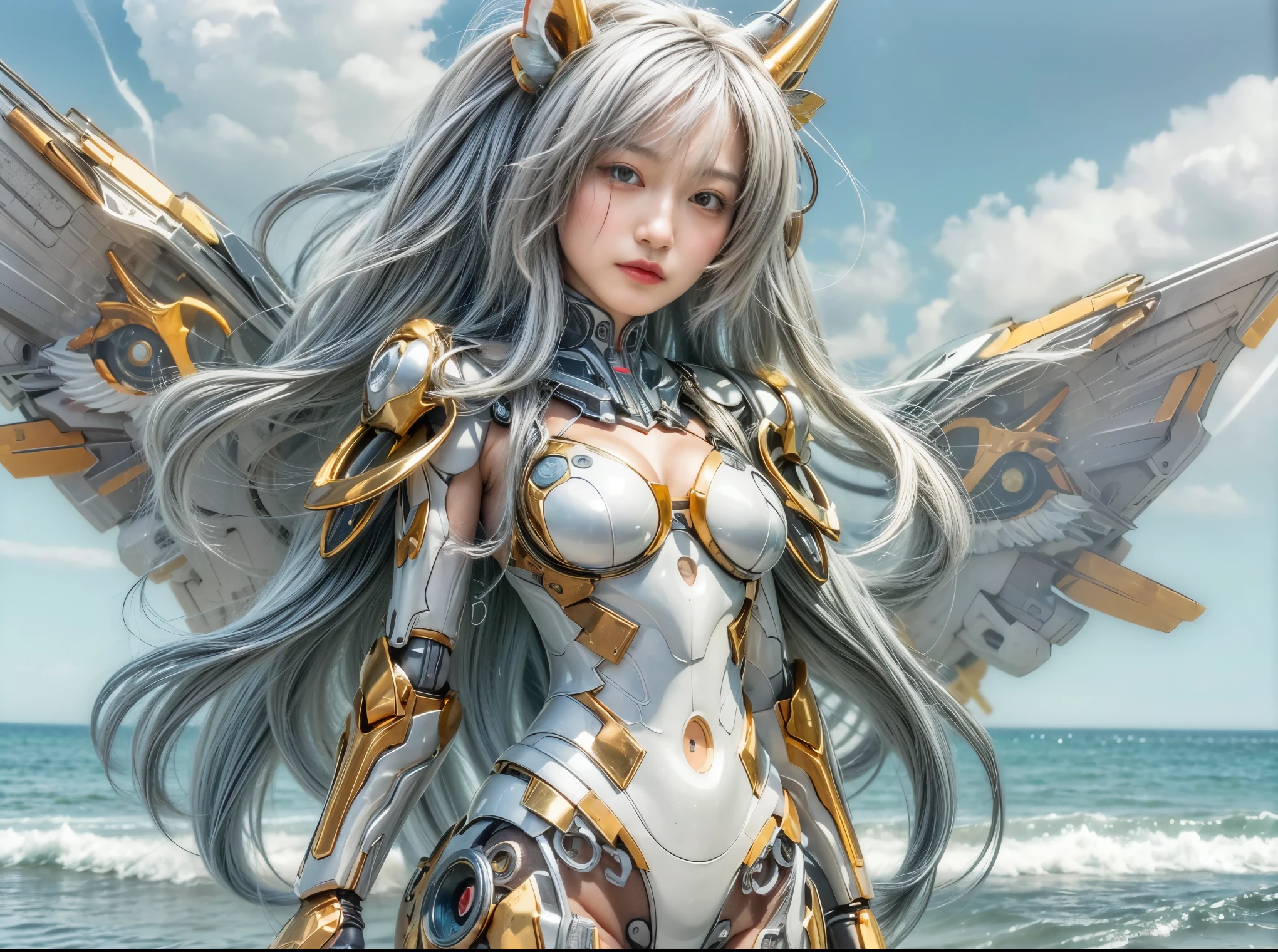 Masterpiece, (best quality:1.2), 8k, Japanese woman in bat-type bio suit, silver base with bronze and gold accent, (ultimately cute face), (mechanical bat wings), hydraulic cylinder, power pipe, muscle fiber, ultimately intricate details, full body shot, (ultimately photo Realistic:1.37), dystopia with a beautiful view at night, (biological weapon), (biopunk:1.3), Full body photo, Wide-angle, Please generate at least 4 photos.