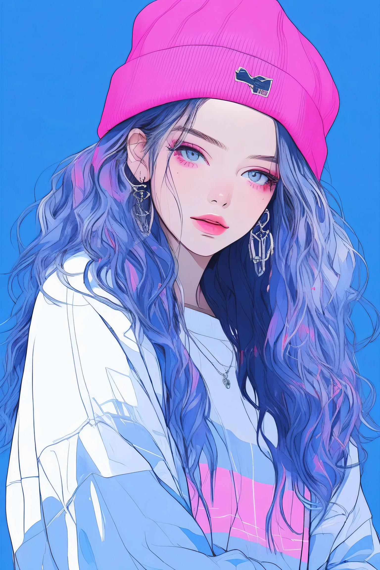 ilustrador, anime , realista ,Outline , 1 garota, ,lip, Sweater,ordem, Fundo gradiente azul, cabelo neon,Acabamento texturizado, canadense, (Obra de arte,melhor qualidade) Ganyou