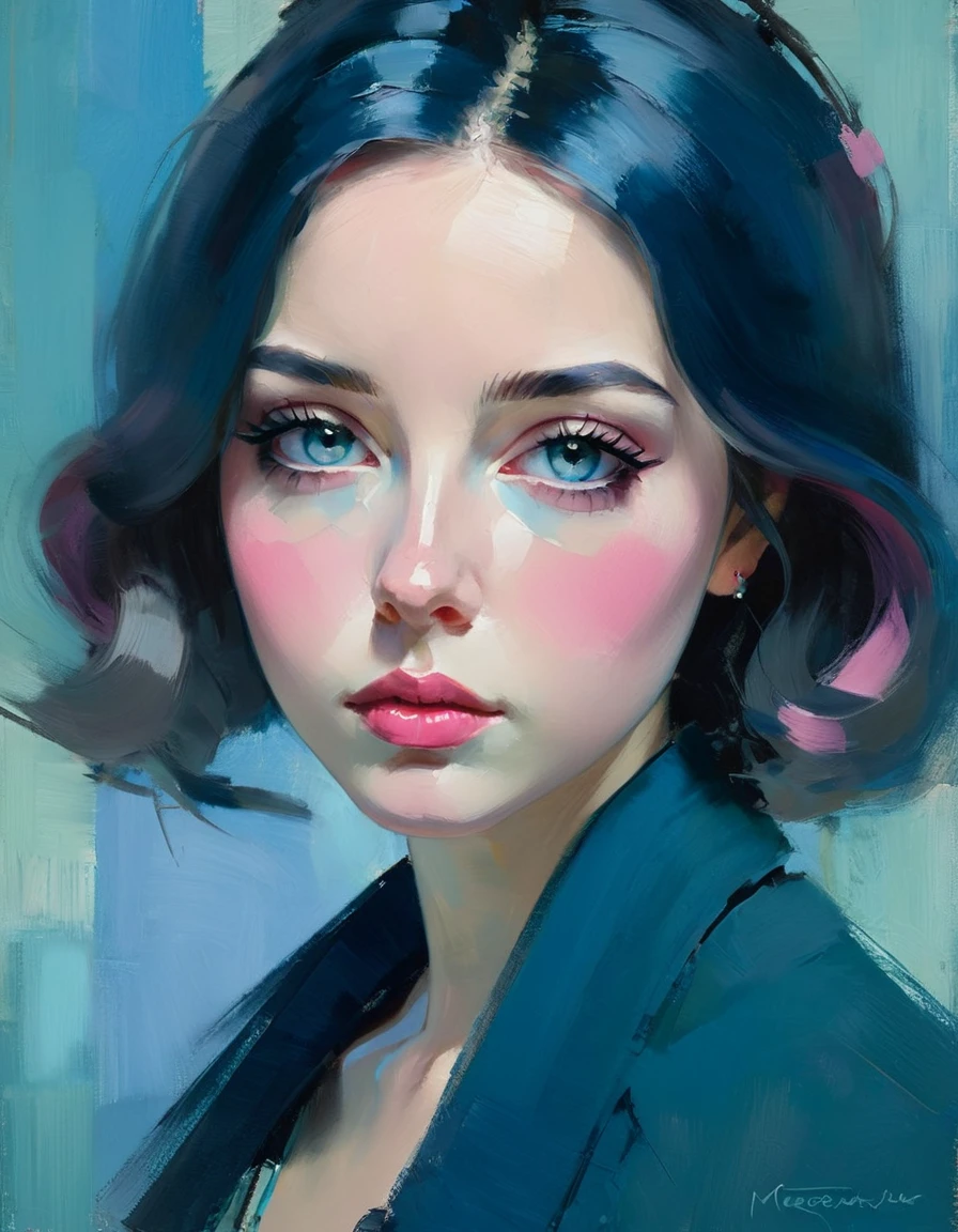 Create a contemporary portrait of a person in the expressive and painterly style of Malcolm Liepke, utilizing a palette of light pink, muted blue, dark grayish blue, bright blue, very dark gray, and light grayish blue. The portrait should feature a close-up of the subject's face with strong, dynamic brushstrokes and a focus on capturing the depth and texture characteristic of Liepke's work. Use light pink and bright blue for the highlights and vibrant areas, while employing muted blue, dark grayish blue, very dark gray, and light grayish blue to create shadows and depth. Ensure the background complements the portrait with subtle variations of the same color palette, evoking a sense of modern elegance and emotional intensity