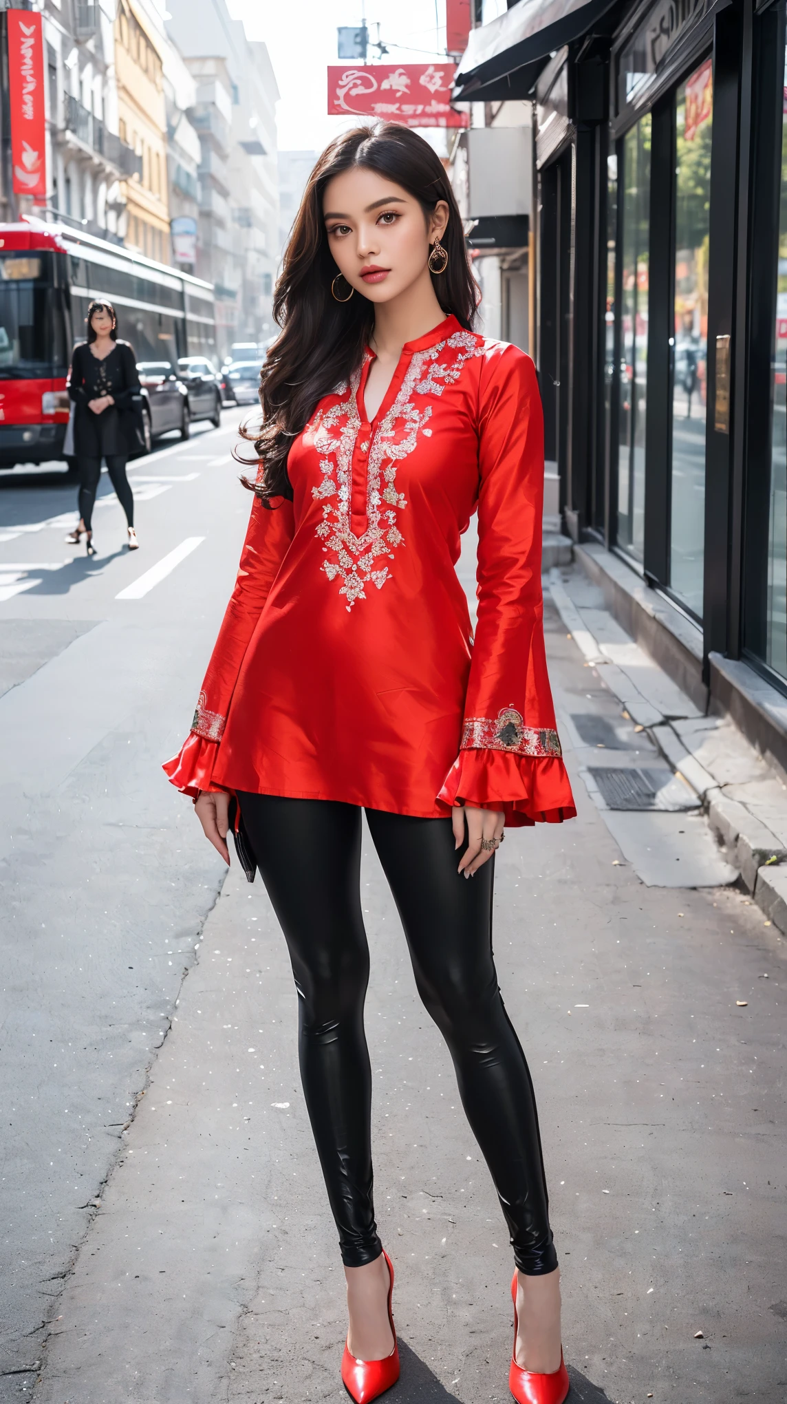 ((girl on street road, beautiful city, luxurious place,),
(((Full body shot))), ((Indian babe)), (beautiful girl in Indian outfits), (wide standing position), (looking at viewers, front view shots, wide angle view), (masterpiece, hyper_realistic, hyper_detailed, photorealists, photo_realism), 1girl, 20 years old lady, 16k, FHD, UHD, high quality pictures, extremely detailed, candid brightness, candid shots, (iconic picture shot, perfect brightness, perfect contrast, perfect colour), (chaubey face, pretty face, iconic face), (detailed face, detailed eye, detailed lips, detailed neck, ultra realistic face, ultra realistic eye, ultra realistic lips), (attractive hair style, hair style), (sagging perky breasts, perfect rounded breasts, attractive breasts, perfect breasts shape), (attractive body figure, perfect body figure, perfect figure, curvy_figure, hourglass_figure), (embroidery High heels, fancy high heels, iconic heels),
(((Masterpiece A-line kurta, luxurious kurta, iconic kurta), (fancy A-line kurta), (embroidery red kurta), red iconic kurta, flared kurta, long skinny sleeves, ruffled neck kurta, fancy leggings, black leggings). , ,
