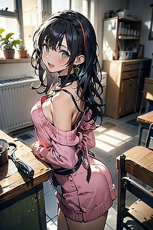 (small breasts:1.3), (perky chest:1.1), (pointed chest:1.0), (fashion magazine cover:1.3)，(from below:1.0),(from side:0.9),masterpiece, 1girl, Amazing Cleavage:1.1, thin waist, big ass, Raised sexy, small breast: 1.3, posed cleavage:1.2、solo, looking at viewer, open mouth, have a cute grass of cute beergrass,black hair, dark green eyes, dress, bare shoulders, jewelry, collarbone, sidelocks, hairband, earrings, indoors, off shoulder, :o, sweater, arms behind back, plant, short hair with long locks, gild hairband, off-shoulder dress, sweater dress, off-shoulder sweater, red sweater, dark gord hair, big side hair, very long side hair,is rendered in (masterpiece: 1.2, best quality), with (ultra high resolution) and an exquisite (depth of field). This masterpiece is not only visually stunning but also tells,A scene of cooking in the kitchen by classroom
