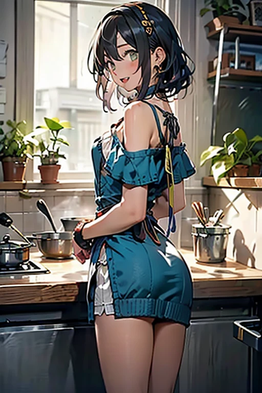 (small breasts:1.3), (perky chest:1.1), (pointed chest:1.0), (fashion magazine cover:1.3),(from below:1.0),(from side:0.9),masterpiece, 1girl, Amazing Cleavage:1.1, thin waist, big ass, Raised sexy, small breast: 1.3, posed cleavage:1.2、solo, looking at viewer, open mouth, have a cute grass of cute beergrass,black hair, dark green eyes, dress, bare shoulders, jewelry, collarbone, sidelocks, hairband, earrings, indoors, off shoulder, :o, sweater, arms behind back, plant, short hair with long locks, gild hairband, off-shoulder dress, sweater dress, off-shoulder sweater, red sweater, dark gord hair, big side hair, very long side hair,is rendered in (masterpiece: 1.2, best quality), with (ultra high resolution) and an exquisite (depth of field). This masterpiece is not only visually stunning but also tells,A scene of cooking in the kitchen by classroom