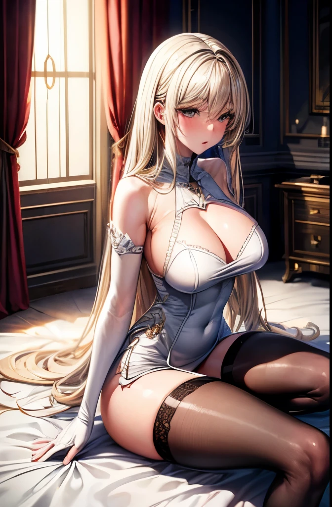best quality, 32k, RAW photo, incredibly absurdres, extremely detailed, beautiful woman, white dress, sit on the floor, black shiny stockings, light brown shiny straight hair, amorous expression, lewd expression, great proportion, background luxurious and brilliantly decorated bedroom, professional lighting
