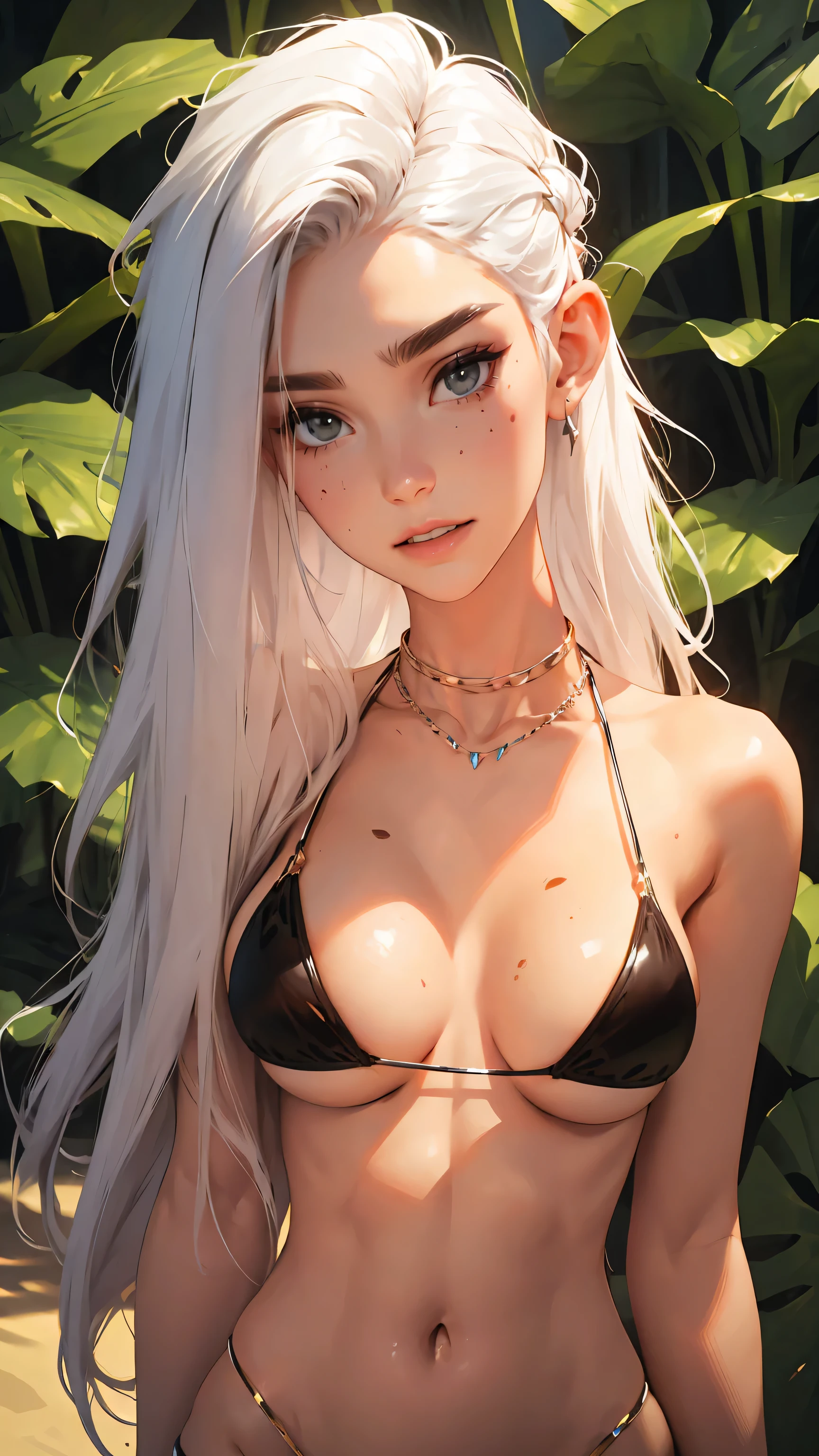 （lifelike， high - resolution：1.3）， 1 girl with a perfect body，slender body, Super fine face and eyes，assasin, dark makeup, shiny skin，white hair, (jungle bikini, cheetah print micro bikini)，Expose cleavage, (bracelets, tooth jewelry, a lot of necklaces, very long necklaces, necklaces down to stomach, body chains, waist chains)