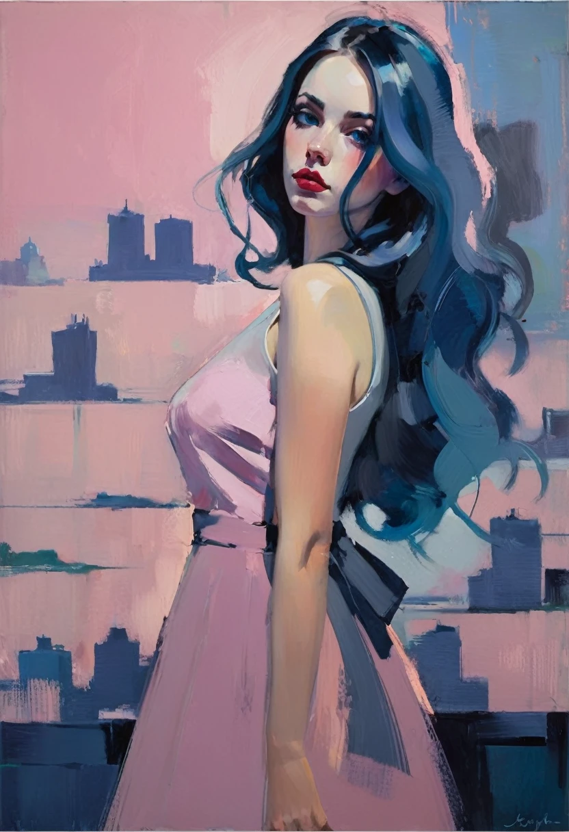 Create a contemporary portrait of a person in the expressive and painterly style of Malcolm Liepke, utilizing a palette of light pink, muted blue, dark grayish blue, bright blue, very dark gray, and light grayish blue. The portrait should feature a close-up of the subject's face with strong, dynamic brushstrokes and a focus on capturing the depth and texture characteristic of Liepke's work. Use light pink and bright blue for the highlights and vibrant areas, while employing muted blue, dark grayish blue, very dark gray, and light grayish blue to create shadows and depth. Ensure the background complements the portrait with subtle variations of the same color palette, evoking a sense of modern elegance and emotional intensity