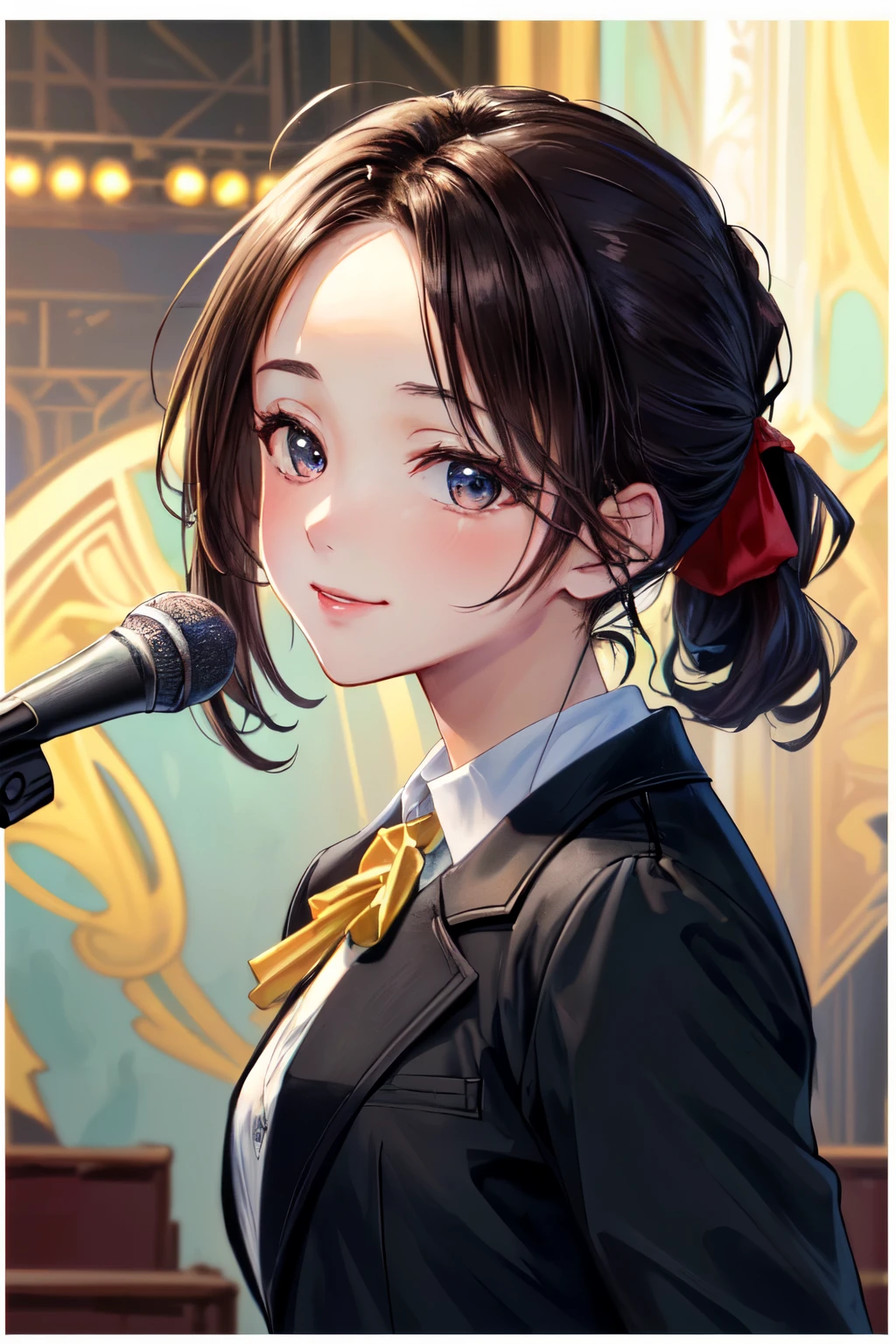 ((Best of the highest quality, 8k, Masterpiece, raw photo: 1.3)), (Great artist style, Alphonse Mucha: 1.02), Sharp focus, (1girl: 1.1), face focus, cute face, portrait, (k-pop idol, on the stage, microphone: 1.16), black jacket, (brunette pony tail, forehead: 1.1), small smile