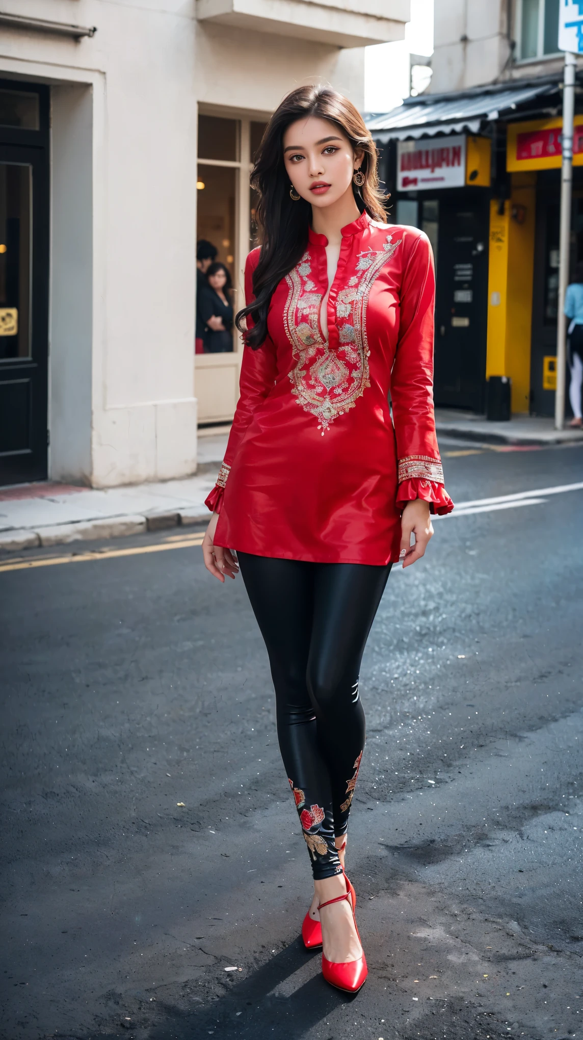 ((girl on street road, beautiful city, luxurious place,), 
(((Full body shot))), ((Indian babe)), (beautiful girl in Indian outfits), (wide standing position), (looking at viewers, front view shots, wide angle view), (masterpiece, hyper_realistic, hyper_detailed, photorealists, photo_realism), 1girl, 20 years old lady, 16k, FHD, UHD, high quality pictures, extremely detailed, candid brightness, candid shots, (iconic picture shot, perfect brightness, perfect contrast, perfect colour), (chaubey face, pretty face, iconic face), (detailed face, detailed eye, detailed lips, detailed neck, ultra realistic face, ultra realistic eye, ultra realistic lips), (attractive hair style, hair style), (sagging perky breasts, perfect rounded breasts, attractive breasts, perfect breasts shape), (attractive body figure, perfect body figure, perfect figure, curvy_figure, hourglass_figure), (embroidery High heels, fancy high heels, iconic heels),   
(((Masterpiece A-line kurta, luxurious kurta, iconic kurta), (fancy A-line kurta), (embroidery red kurta),  red iconic kurta, flared kurta, long skinny sleeves, ruffled neck kurta, fancy leggings, black leggings). , ,