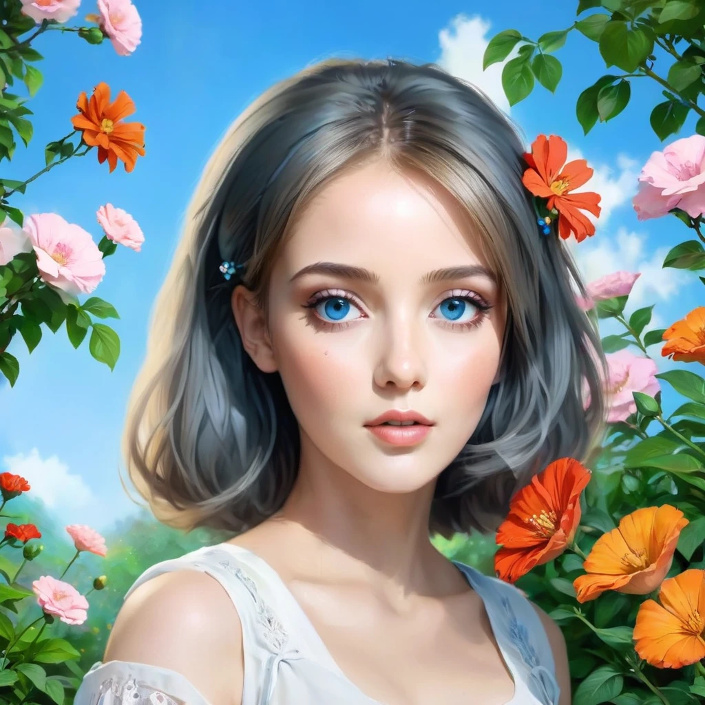 a beautiful girl in a lush garden, vibrant blue sky, red and orange flowers, detailed face and eyes, volumetric lighting, intricate details, photorealistic, high definition, masterpiece, professional digital art, cinematic color palette, using a palette of light pink, muted blue, dark grayish blue, bright blue, very dark gray, and light grayish blue