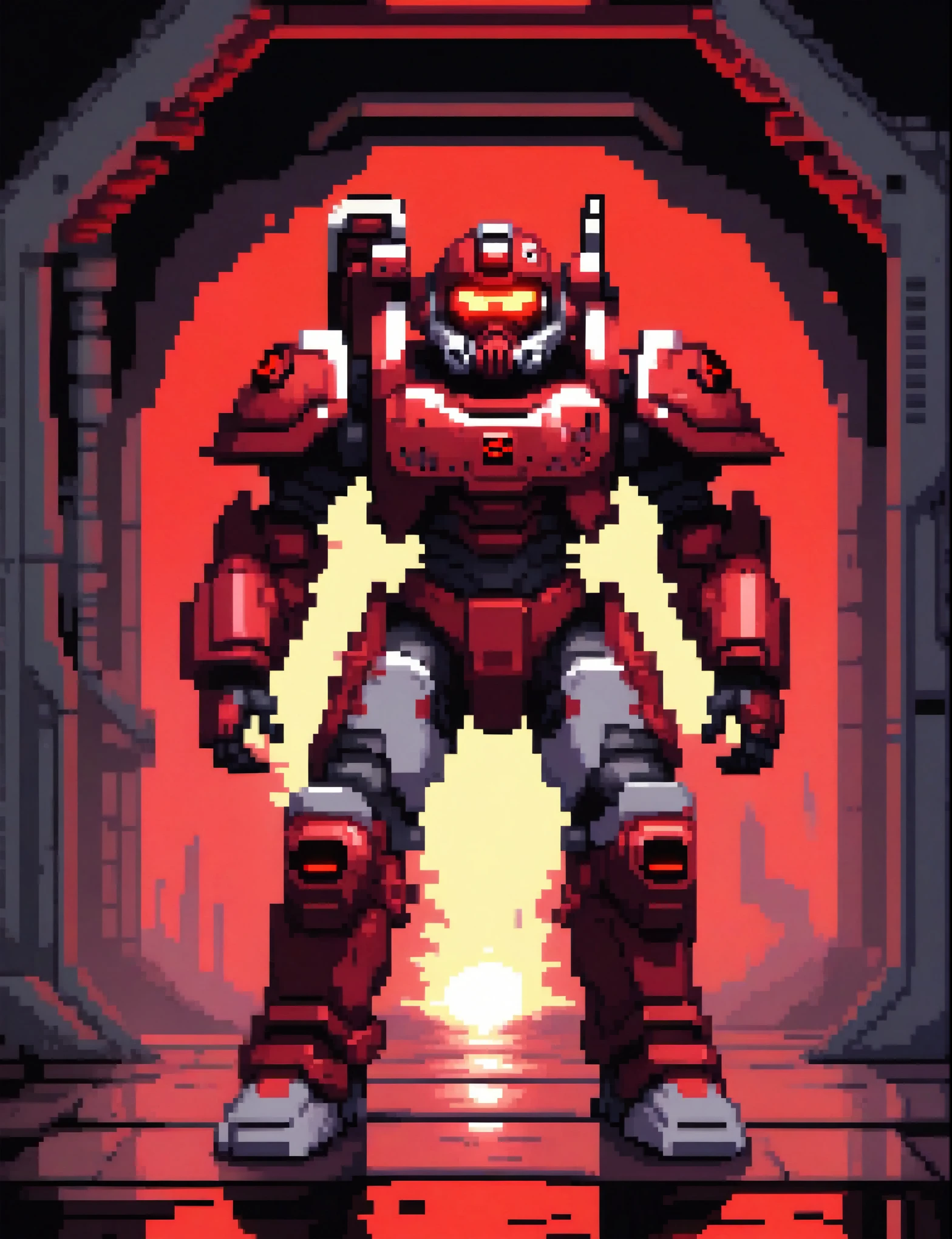 (masterpiece, Top quality, best quality), Pixel,Pixel art,Killer， (Glowing red bionic eyes), Wearing power armor, Hand holding heavy weapons,whole body,Remove the background