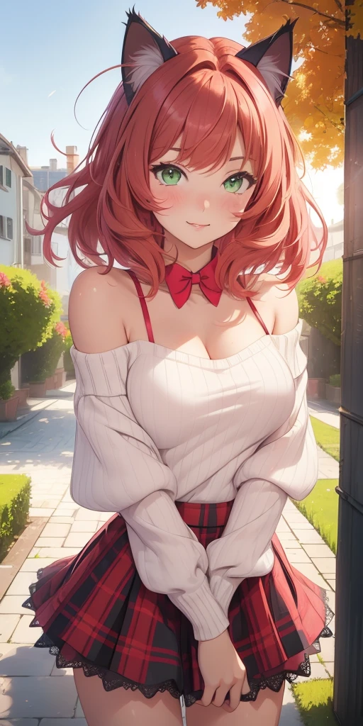 (((1 cat-girl))), ((cat ears)) solo, (((short light red hair tousled by the wind))), green eyes, pink off-shoulder sweater with long sleeves and kawaii skirt, spaghetti straps, shorts, lace, look at the viewer, luxurious, elegant, extremely detailed, pink lips, shy smile, feminine charm, blushing, beautiful sky, park, autumn trees, garden, butterfly, beautiful flowers, depth of field