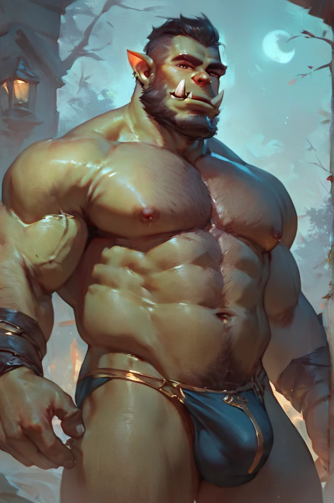 score_9, score_8_up, score_7_up, solo, male focus, mature male, orc, green skin, tusks, beard, outdoors, looking at viewer, upper body, closed mouth, night, night sky, standing, detailed speedo, big underwear bulge