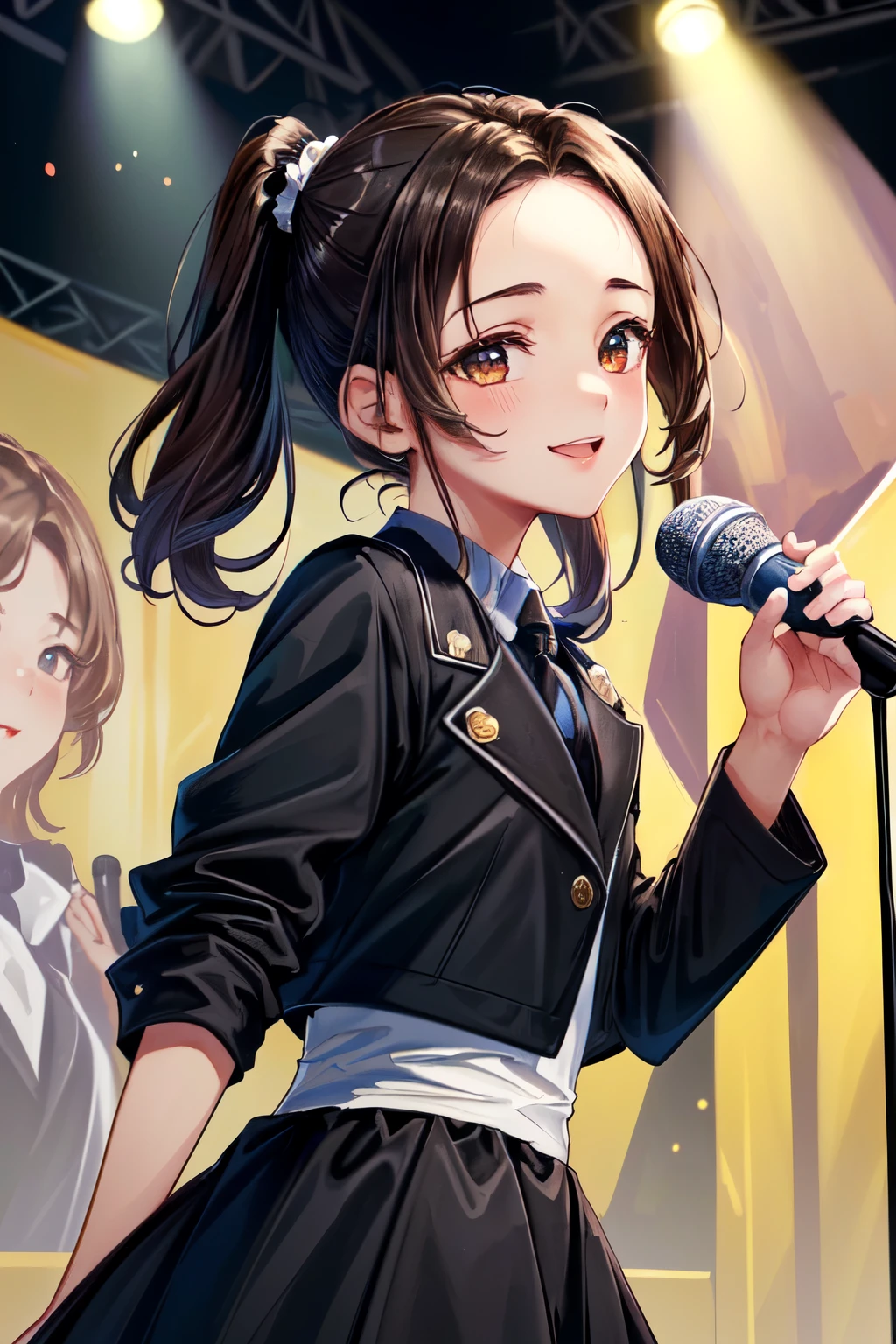 ((Best of the highest quality, 8k, Masterpiece, raw photo: 1.3)), (Great artist style, Alphonse Mucha: 1.02), Sharp focus, (1girl: 1.1), face focus, cute face, portrait, (k-pop idol, on the stage, microphone: 1.16), black jacket, (brunette pony tail, forehead: 1.1), small smile