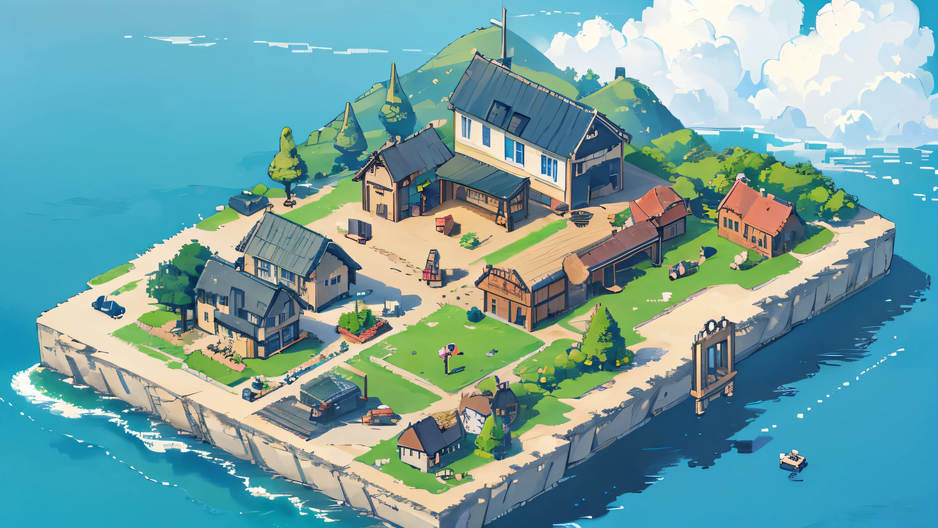 a centered wide shot isometric pixel art small Scandinavian town gradually going big to small, isolated