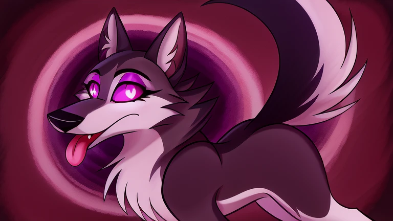(masterpiece, best quality:1.2), Vortex hellhound, female feminine wolf, furry, white fur, naked, helluva boss, hypnotized with completely spyral glowing purple eyes with no irises or pupils, tongue out, walking on all fours, profile picture