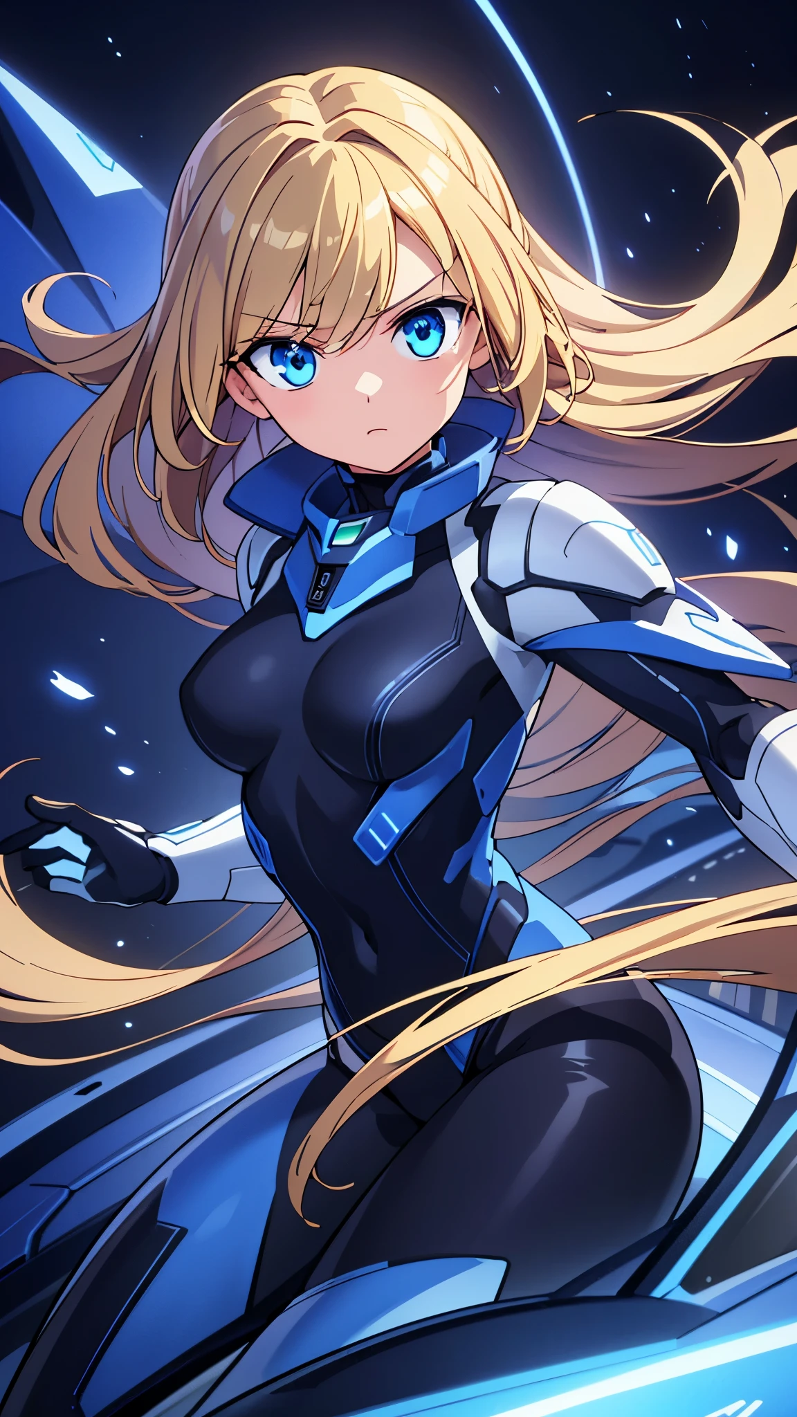 A beautiful young girl with striking blue eyes and long, flowing blonde hair, wearing a sleek, futuristic-looking mecha-style leotard or pilot suit, (best quality,8k,high-res,masterpiece:1.2),ultra-detailed,(realistic,photorealistic,photo-realistic:1.37),detailed facial features,intricate mecha suit design,dramatic lighting,cinematic composition,vibrant colors,dynamic pose