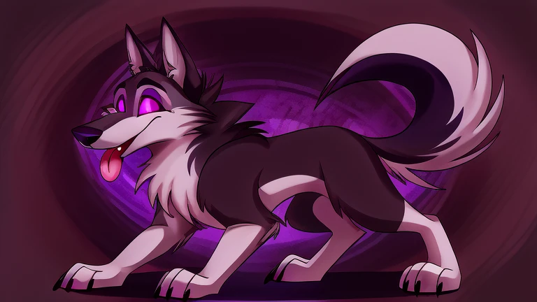 (masterpiece, best quality:1.2), Vortex hellhound, wolf, furry, white fur, naked, helluva boss, hypnotized with completely spyral glowing purple eyes with no irises or pupils, tongue out, walking on all fours, full body image, profile picture