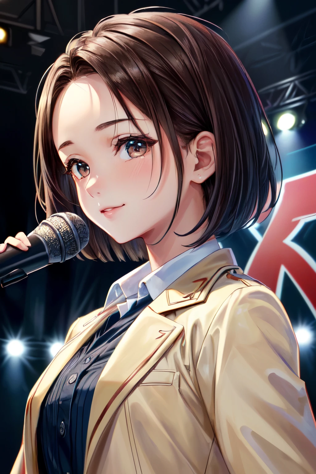 ((Best of the highest quality, 8k, Masterpiece, raw photo: 1.3)), (Great artist style, Alphonse Mucha: 1.02), Sharp focus, (1girl: 1.1), face focus, cute face, portrait, (k-pop idol, on the stage, microphone: 1.16), jacket, (brunette short bob hair, forehead: 1.1), small smile