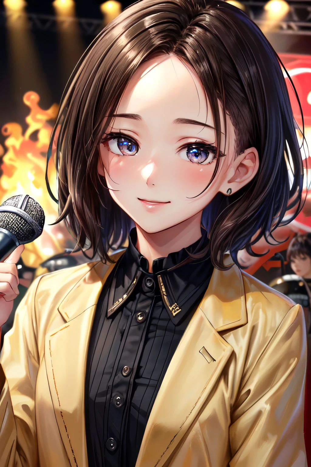 ((Best of the highest quality, 8k, Masterpiece, raw photo: 1.3)), (Great artist style, Alphonse Mucha, Gustav Klimt: 0.84), Sharp focus, (1girl: 1.1), face focus, cute face, portrait, (k-pop idol, on the stage, microphone: 1.16), jacket, (brunette short bob hair, forehead: 1.1), small smile