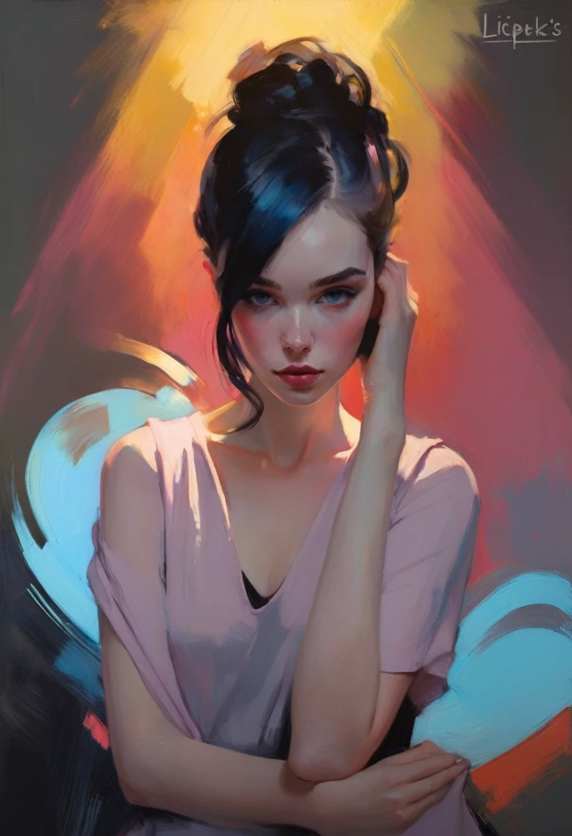 Create a contemporary portrait of a person in the expressive and painterly style of Malcolm Liepke, utilizing a palette of light pink, muted blue, dark grayish blue, bright blue, very dark gray, and light grayish blue. The portrait should feature a close-up of the subject's face with strong, dynamic brushstrokes and a focus on capturing the depth and texture characteristic of Liepke's work. Use light pink and bright blue for the highlights and vibrant areas, while employing muted blue, dark grayish blue, very dark gray, and light grayish blue to create shadows and depth. Ensure the background complements the portrait with subtle variations of the same color palette, evoking a sense of modern elegance and emotional intensity