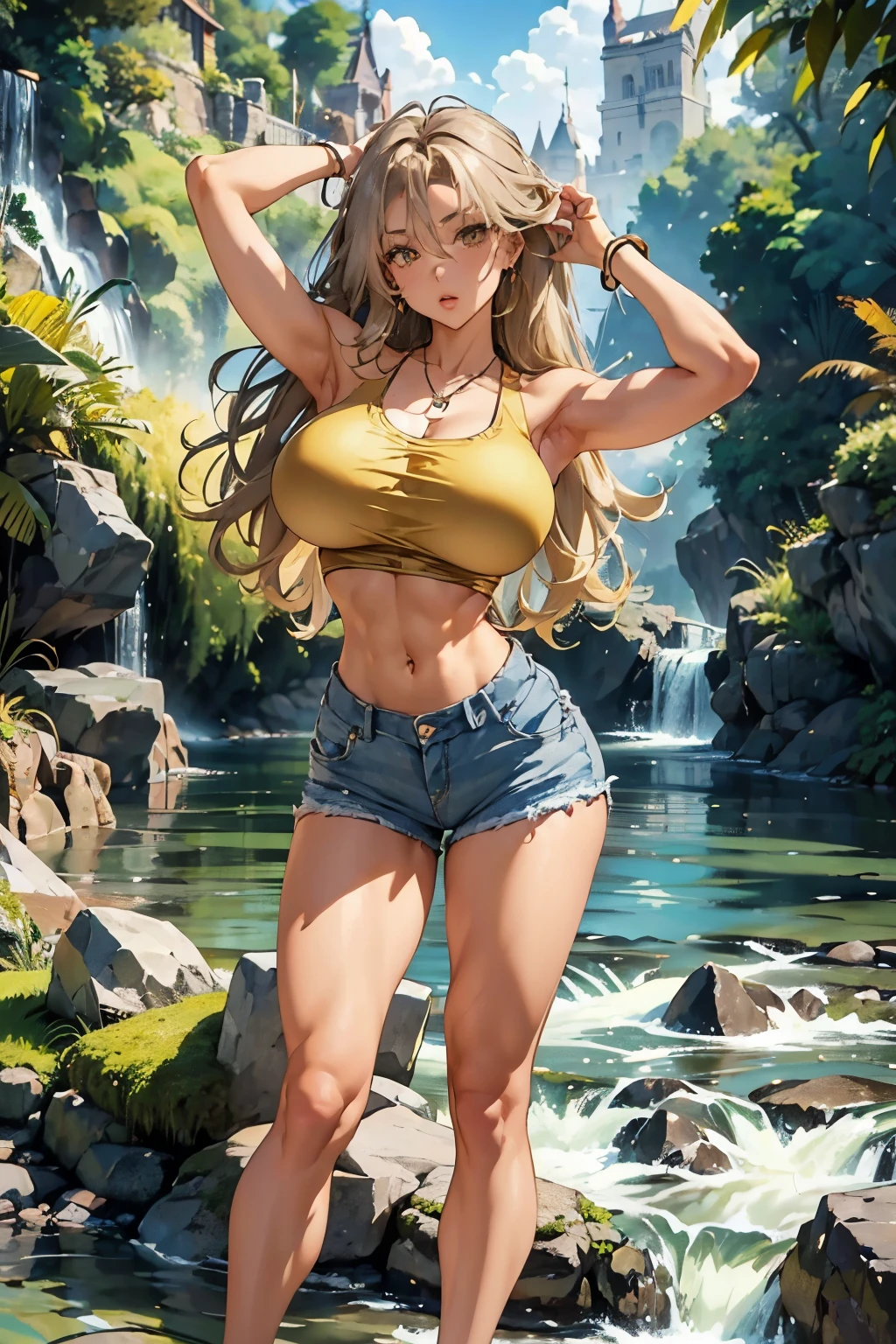 1 girl, ((full-body shot)), river background, shimmering shoulder-length wavy (brown hair with golden blonde highlights), Vibrant (hazel eyes with flecks of green and gold), lean and athletic build with toned muscles and a sculpted physique. Long, slender legs and toned arms, an hourglass figure with a slightly smaller waist and wider hips, (flowing tank top in a soft blue), revealing her toned shoulders and back. high-waisted denim shorts, (Delicate silver otter earrings, a necklace with a pendant of a river stone), Height: 5'3".,anime