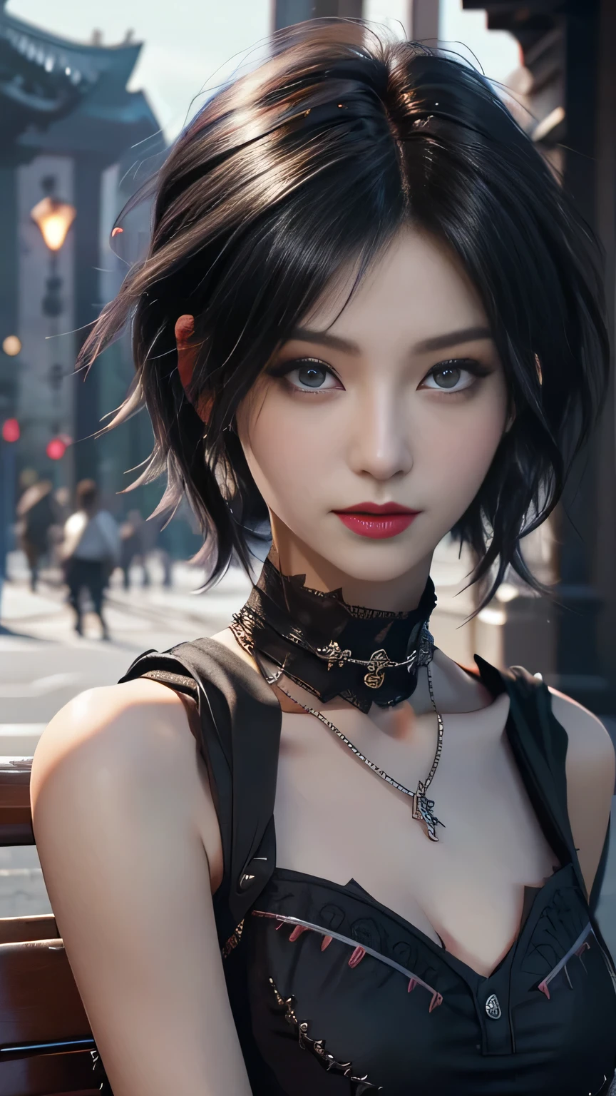 sfw, masterpiece, top-quality, ((1womanl)), different black color, finely eye and detailed face, intricate detailes, Casual black and white attire, window, A smile, Happiness, tenderness, high-level image quality、selfee, Beautuful Women、tall、a small face, D-cups, The upper part of the body、nightfall, nighttime scene、𝓡𝓸𝓶𝓪𝓷𝓽𝓲𝓬、Korea person, Idol Photos, Model photo, k pop, Professional Photos, Vampires, Korean fashion in black and black, Fedoman with necklace, inspired by Sim Sa-jeong, androgynous vampire, :9 detailed face: 8, extra detailed face, detailed punk hair, ((eyes are deialed)) baggy eyes, Seductive. Highly detailed, semi realistic anime, Vampires, hyperrealistic , Delicate androgynous princess, imvu, ((short hair woman)), black hair woman with wild look, ((Woman with short black hair)), ((1 persons)), sitting, wearing bra,((skinny waist)), young asian girl, ((big breasted)),