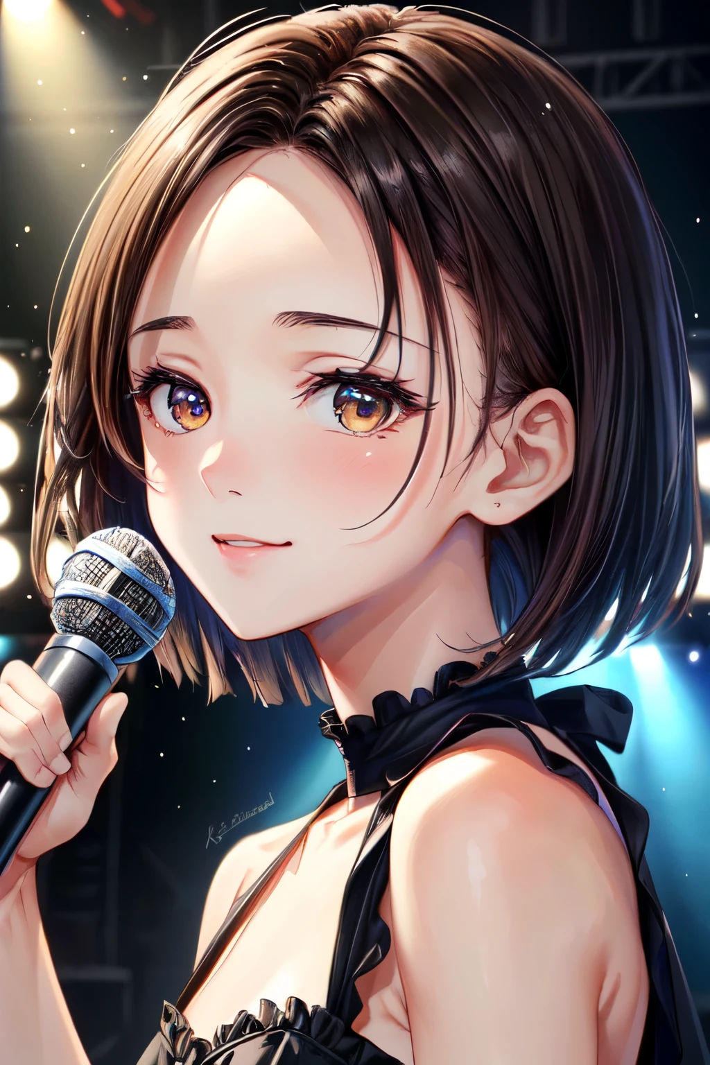 ((Best of the highest quality, 8k, Masterpiece, raw photo: 1.3)), (Great artist style, Alphonse Mucha, Gustav Klimt: 0.84), Sharp focus, (1girl: 1.1), face focus, cute face, portrait, (k-pop idol, on the stage, microphone: 1.16), alternative costume, (brunette short bob hair, forehead: 1.1), small smile