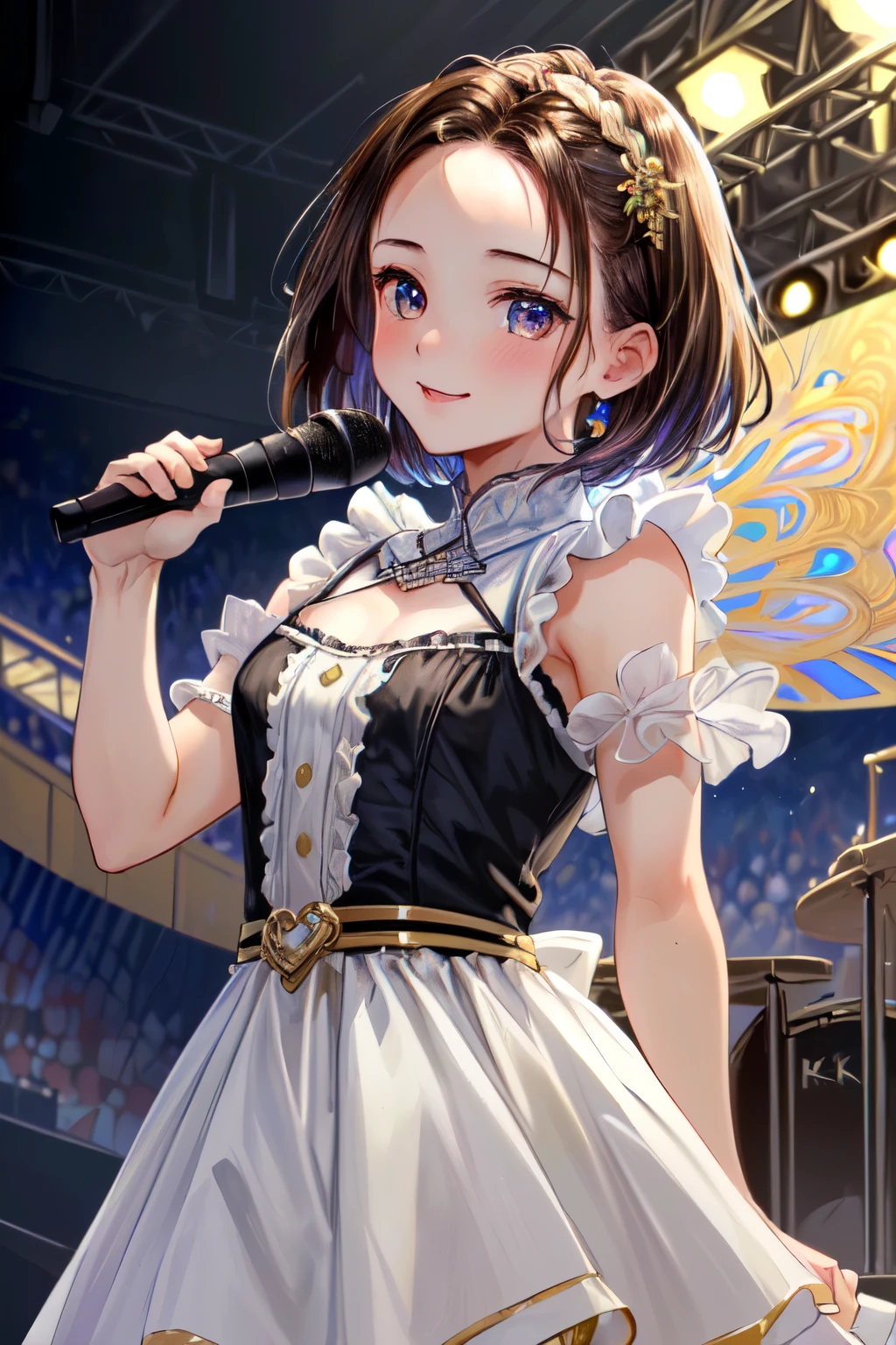 ((Best of the highest quality, 8k, Masterpiece, raw photo: 1.3)), (Great artist style, Alphonse Mucha, Gustav Klimt: 0.96), Sharp focus, (1girl: 1.1), face focus, cute face, portrait, (k-pop idol, on the stage, microphone: 1.16), alternative costume, (brunette short bob hair, forehead: 1.1), small smile