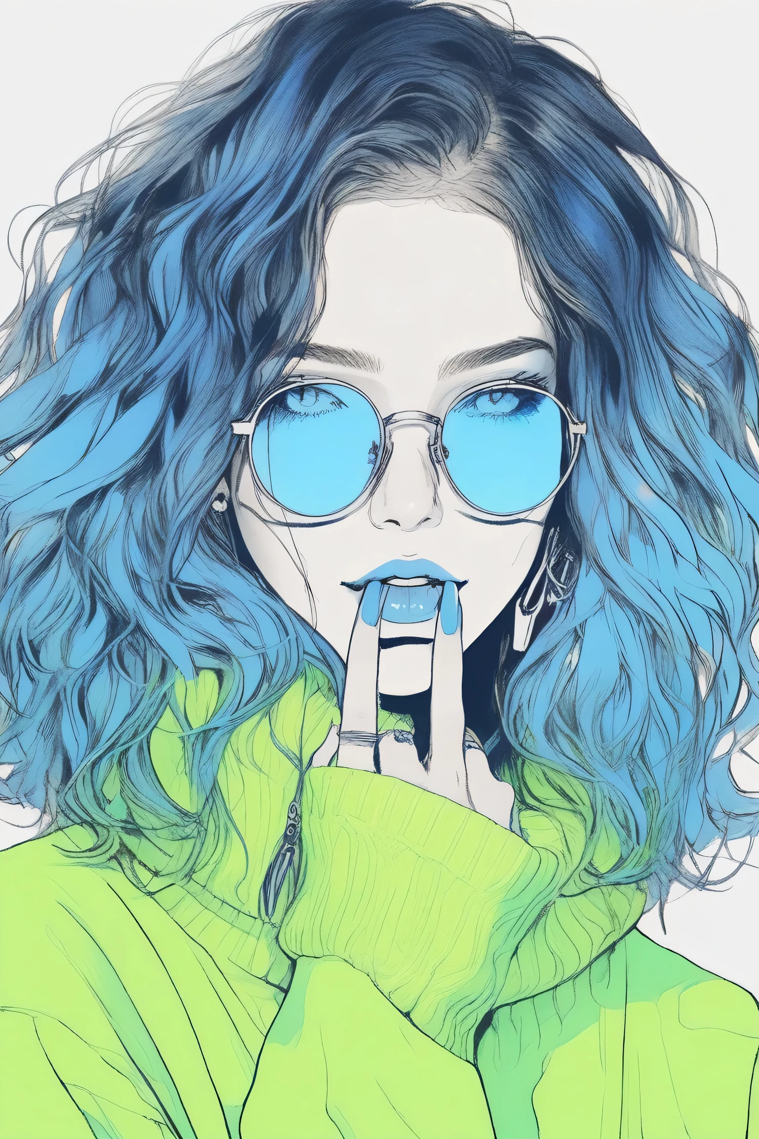 ilustrador, anime , realista ,Outline , 1 garota, ,lip, Sweater,ordem, Fundo gradiente azul, cabelo neon,Acabamento texturizado, canadense, (Obra de arte,melhor qualidade) Ganyou
