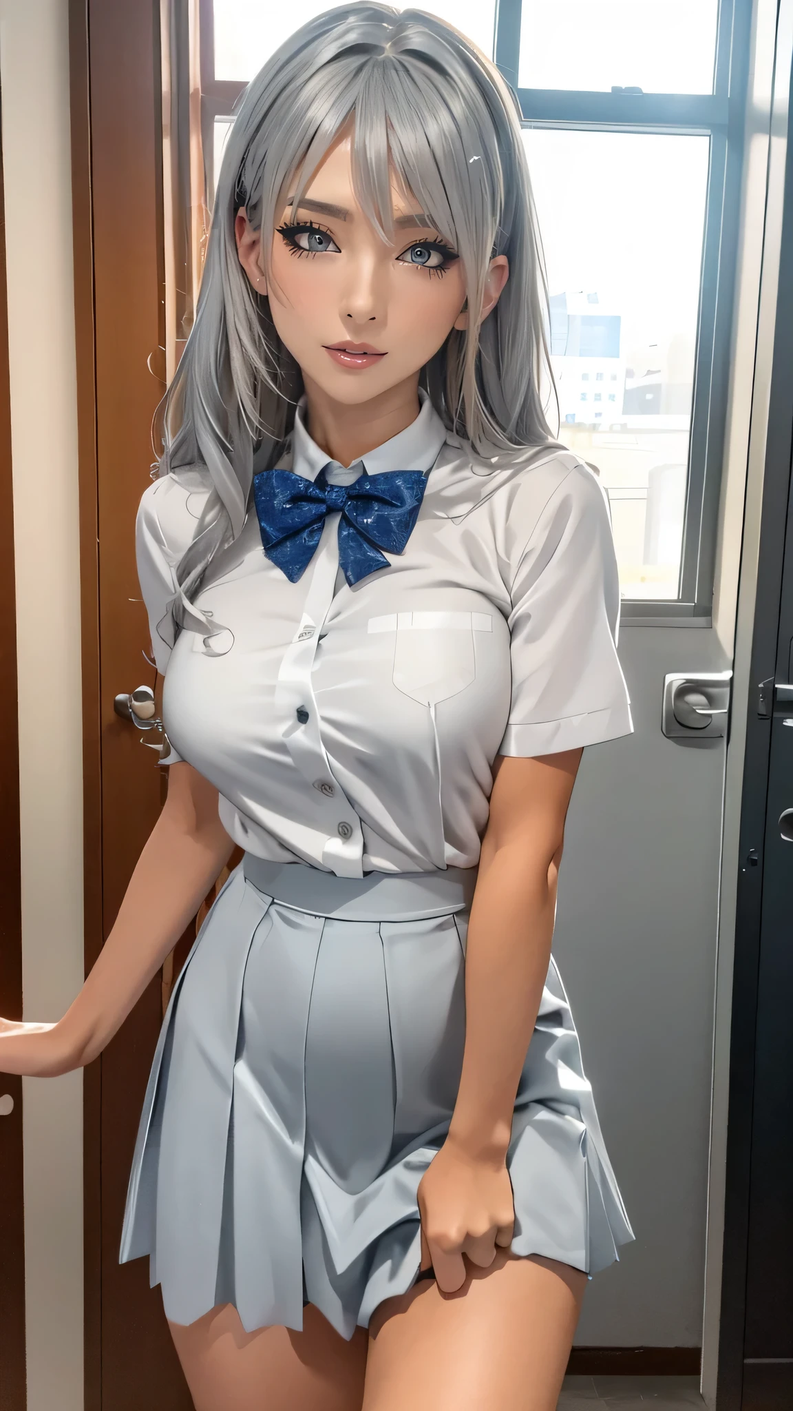 full body,high school girl uniform,(random porn pose),silver hair,(tanned skin:1.2),(Thin type:1.5),(large breasts),(random hairstyle:1.2),(Highest image quality, (8K), Ultra-realistic, Best Quality, High quality, High Definition, high quality texture, high detailing, Beautiful detailed, fine detailed, extremely details CG, Detailed texture, realistic representation of face, masterpiece, presence)