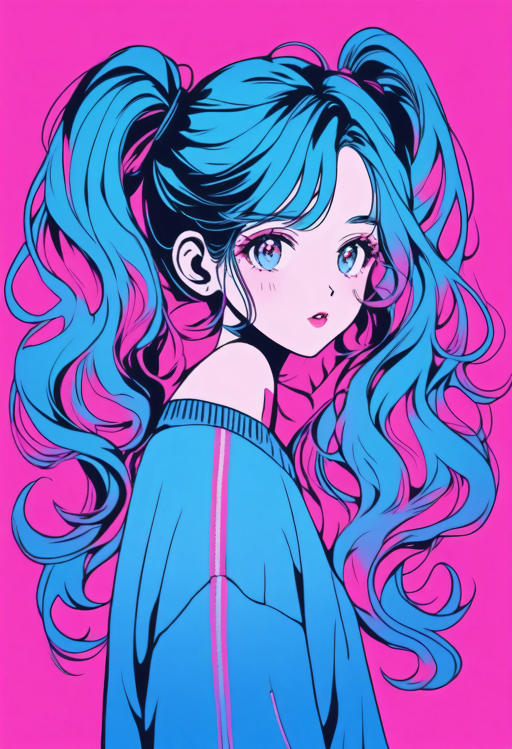 illustration style, anime , realista ,Outline , 1 garota, ,lip, Sweater,ordem, Fundo gradiente azul, cabelo neon,twin tails,colheitas texturizadas, canadense, (Obra de arte,mais alta qualidade)
