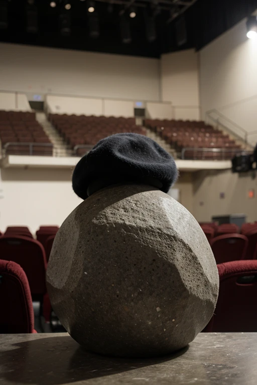 A stone on the stage of an auditorium with a hat on top