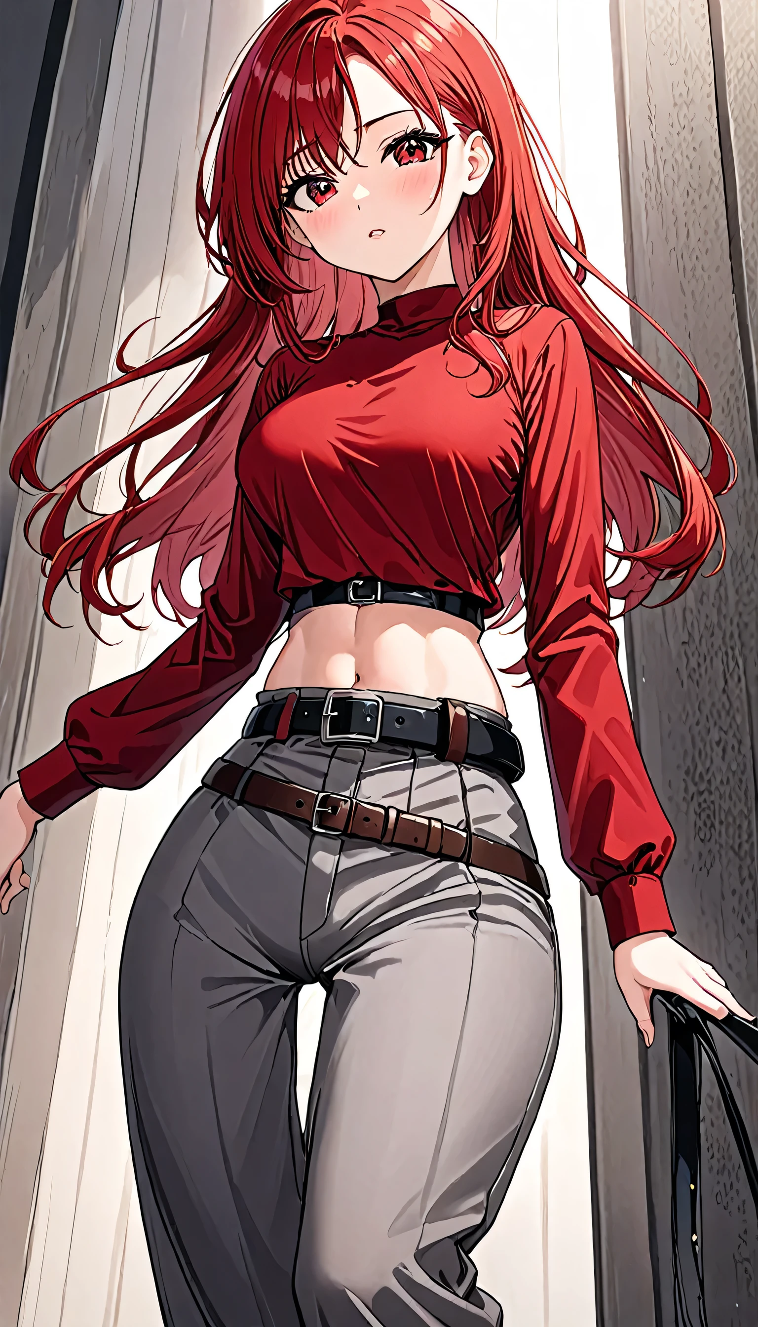  A tall woman, huge, sexy, beauty, tenderness, red hair, two parts, her light red eye, big black eyelash, dresses in a red top, long sleeves, shows her navel and gray pants, wearing a black belt and a brown boot. 