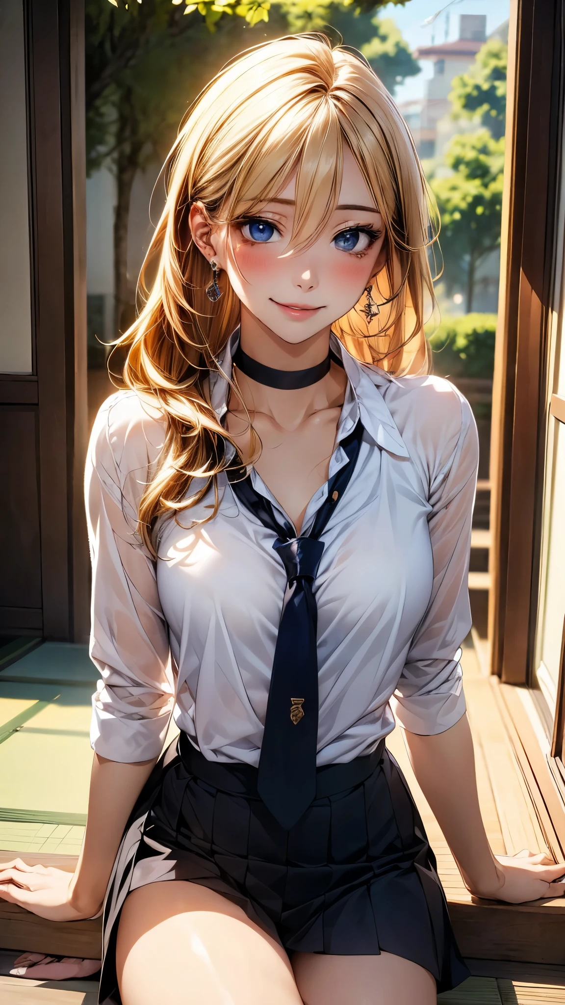 (masterpiece:1.2, top-quality), (realistic, photorealistic:1.4), beautiful illustration, (natural side lighting, movie lighting), 
looking at viewer, 1 girl, japanese, high school girl, perfect face, cute and symmetrical face, face, shiny skin, 
(long hair, straight hair, blonde hair), hair between eyes, red eyes, long eye lasher, (large breasts:0.6), sexy lips, erotic, sexy, mature body, jk, 
beautiful hair, beautiful face, beautiful detailed eyes, beautiful clavicle, beautiful body, beautiful chest, beautiful thigh, beautiful legs, beautiful fingers, 
earrings, black choker, collared shirt, blue tie, ,
(beautiful scenery), (park), smile, blush, facing the cat, profile,face up shot, face to face with cat:1.2, focus on profile, 