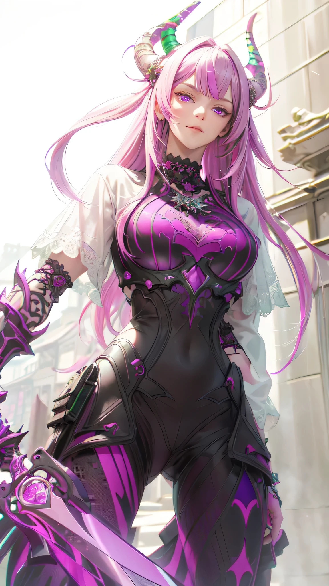 (masterpiece, best quality, 1girl, solo, intricate details, chromatic aberration), realistic, ((medium breath)),long hair, violet hair, green ornament, pink highlights, purple eyes, horn, sharp eyes, choker, neon shirt, (symmetry eyes),(perfect symmetrical body), dim lighting, alley ,look at viewer, holding a sword, beauty