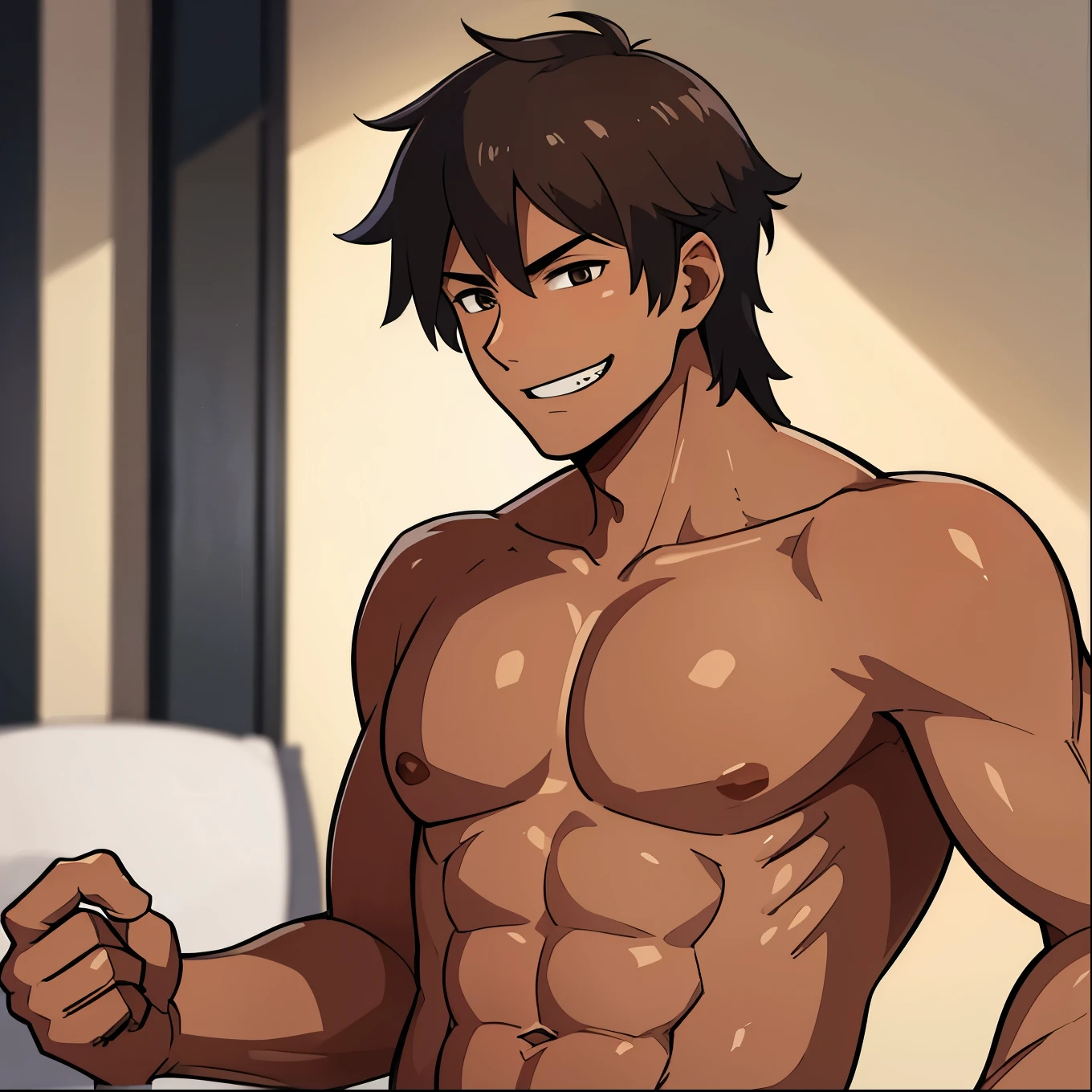 calidad superior, Obra maestra, Ultra high resolution, of a tall boy with brown hair and brown eyes, he is in a room without a shirt, he is muscular and he smiles in a perverted way.